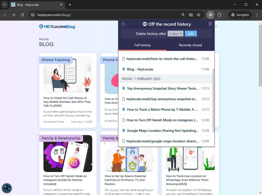 incognito mode browsing history accessed through the Off the Record History extension