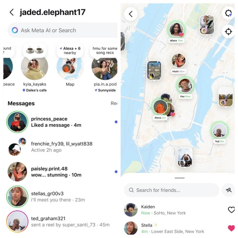 The map icon is visible at the top of the Instagram chats in the DMs inbox, and opens on a second window showing the location of the mutual followers