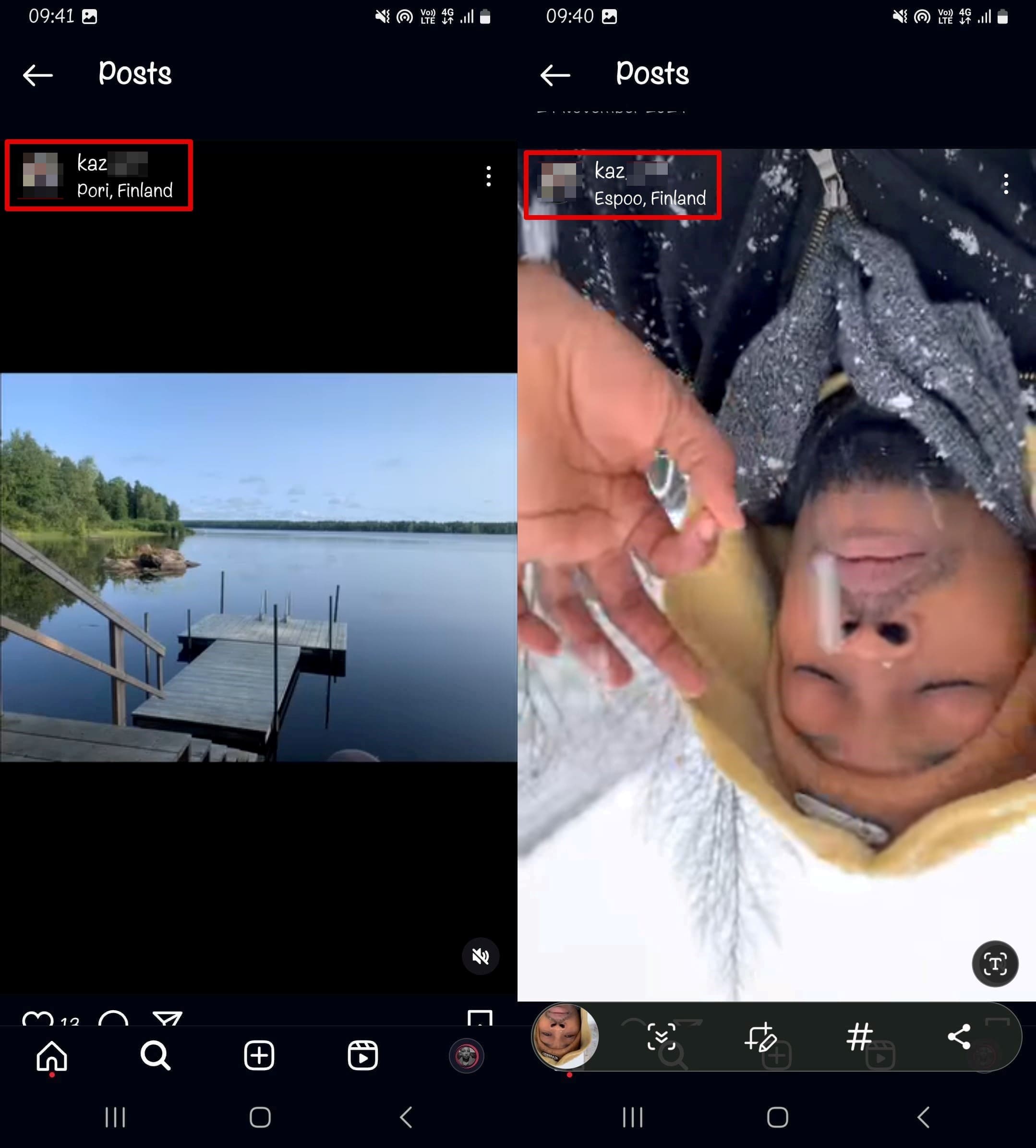 Checking a person’s location on Instagram using the location tag on a post.