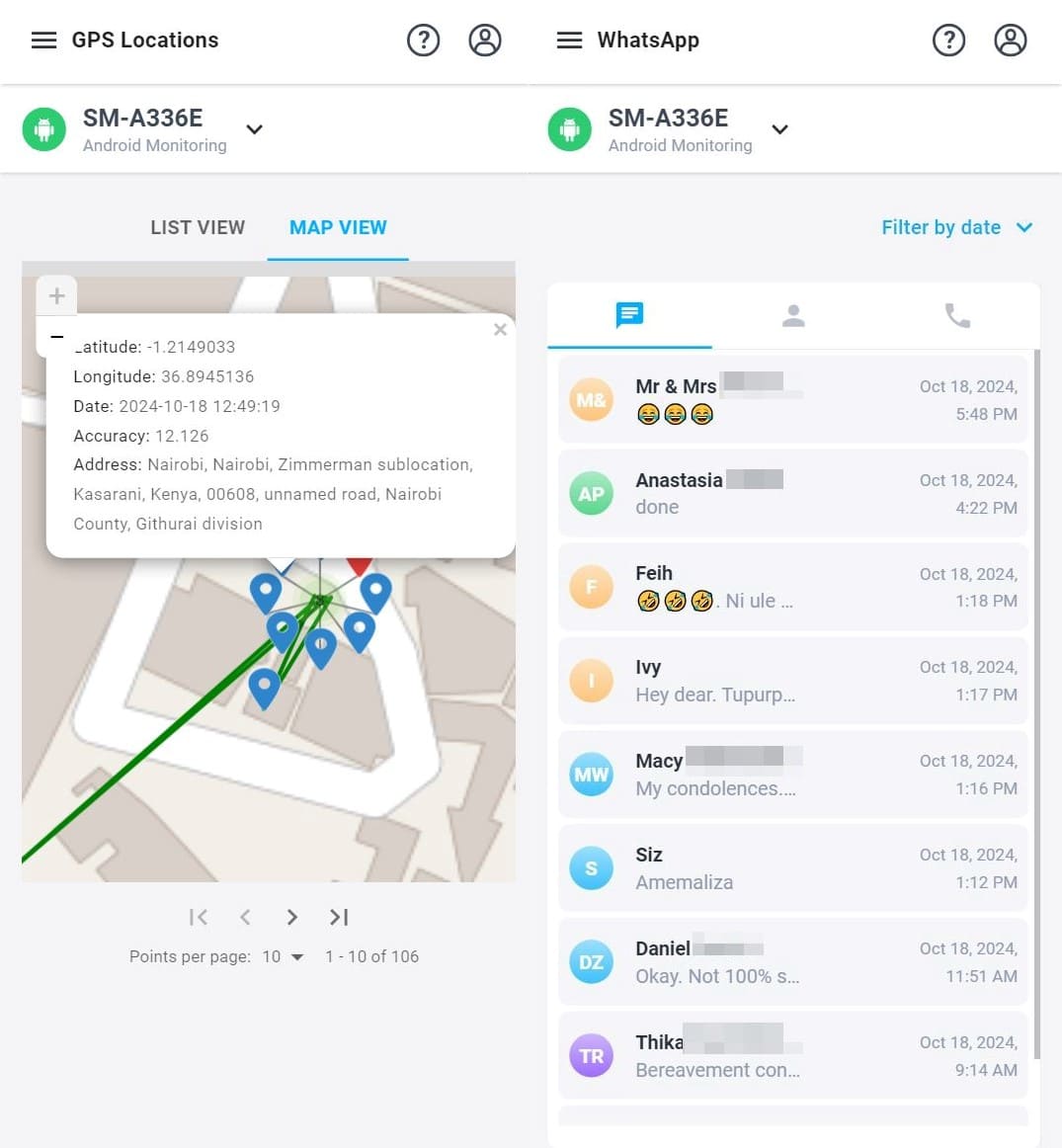 Screenshot of mSpy for GPS location monitoring and Watsapp message display