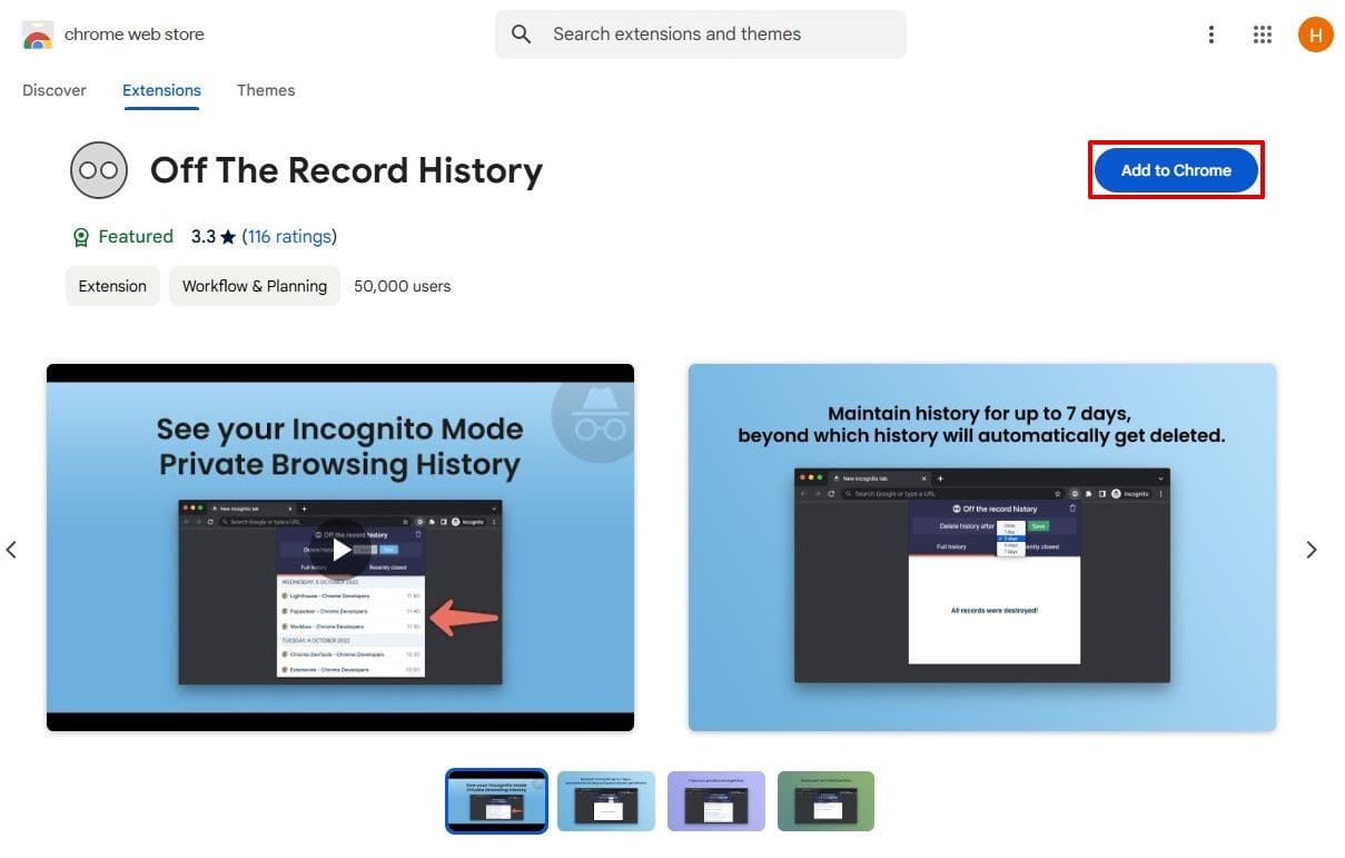 Off the Record History extension image on the Chrome web store