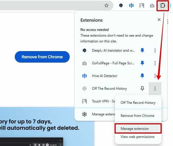Off the Record History with manage extension option