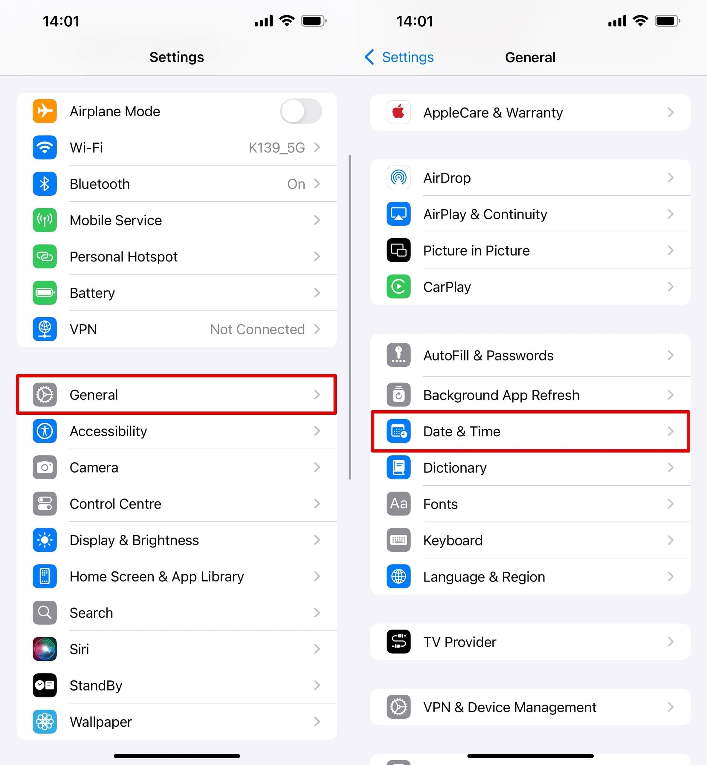 Go to iPhone settings - general - date and time.