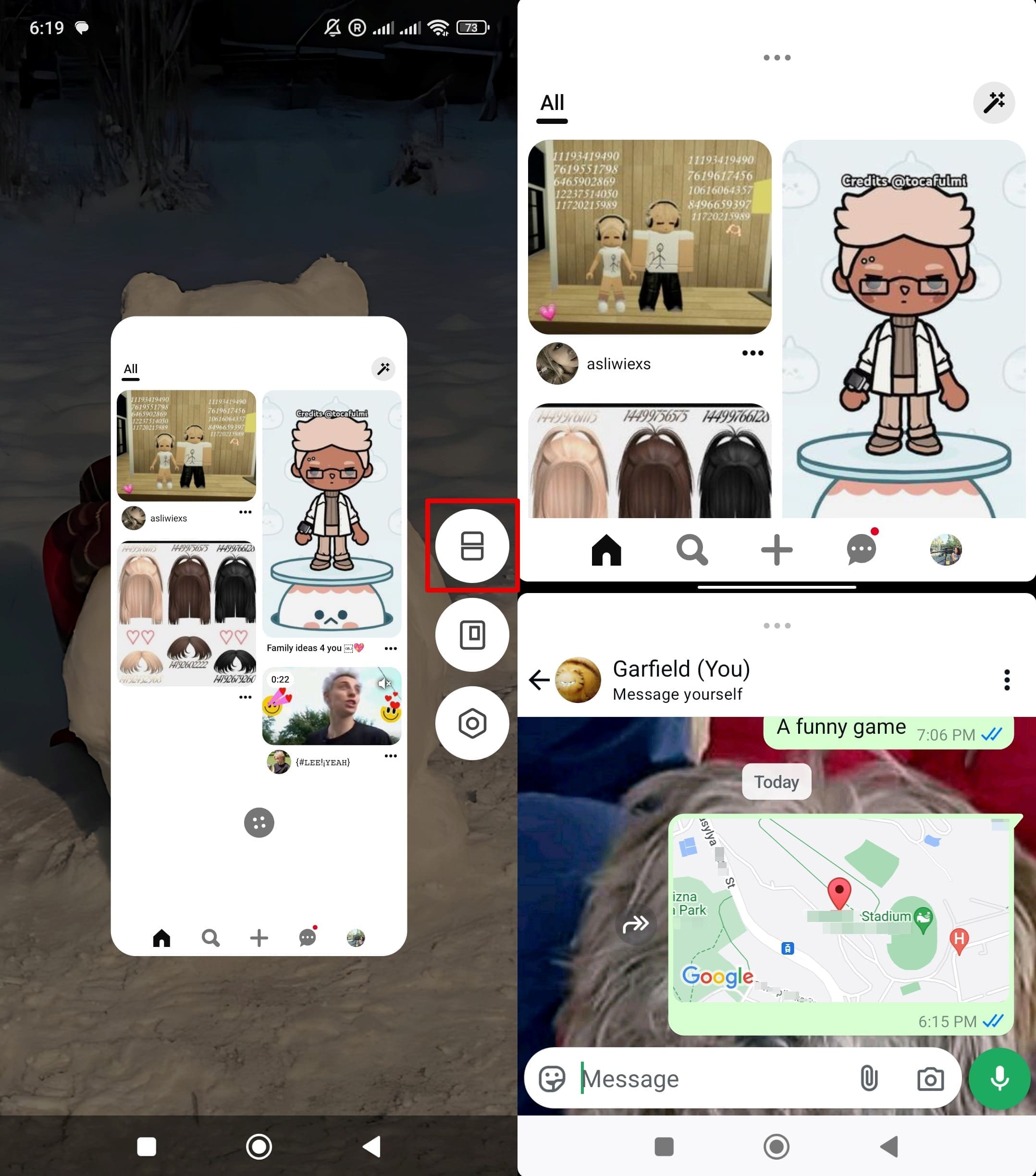 How split screen on Xiaomi looks like with two tabs - Pinterest and Whatsapp Live Location Sharing - on one screen.