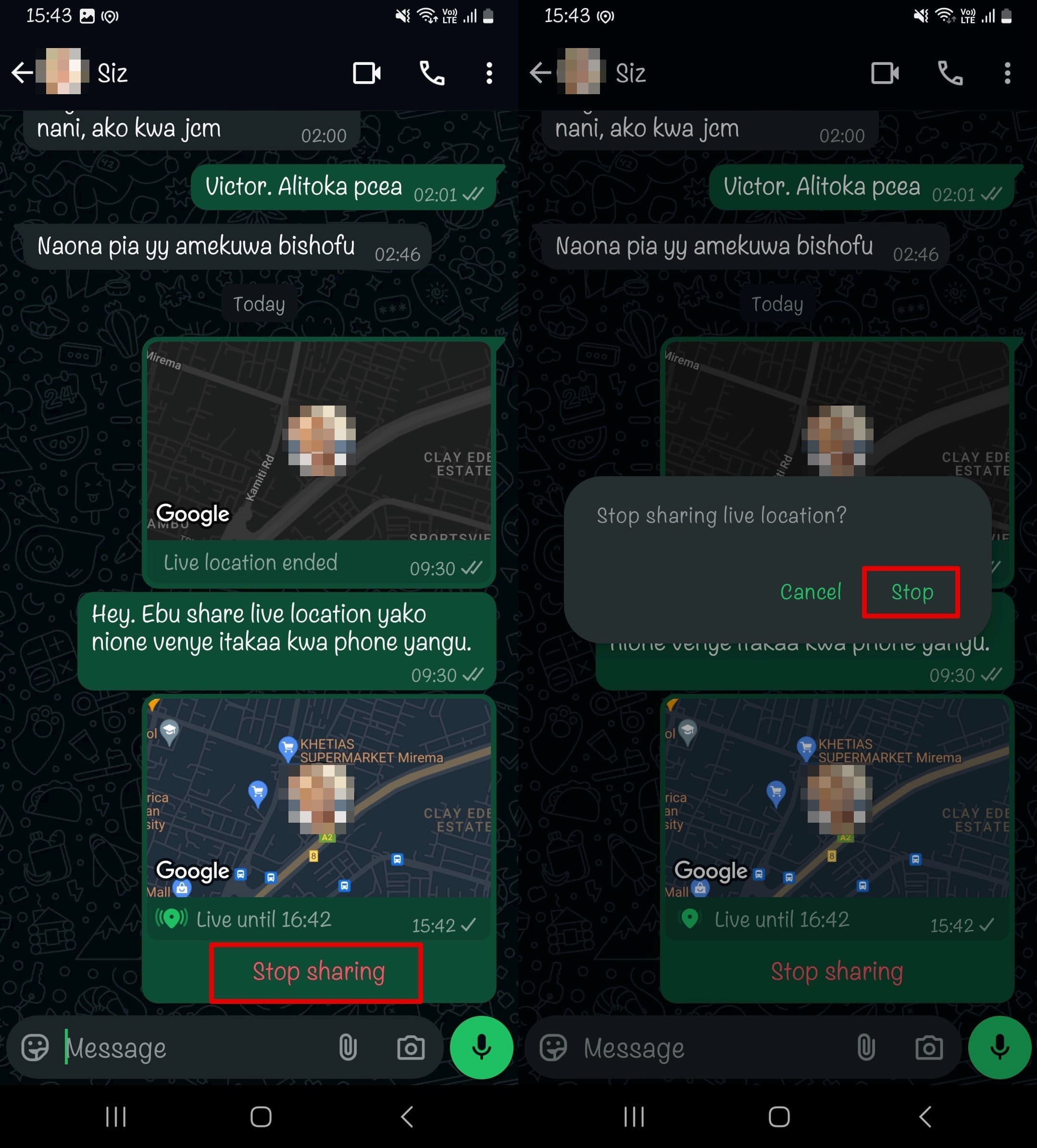 Tap stop location sharing to stop sharing location on WhatsApp.