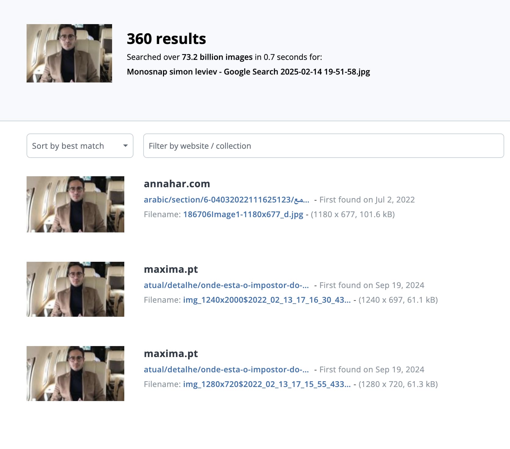 Image search results using TinEye.