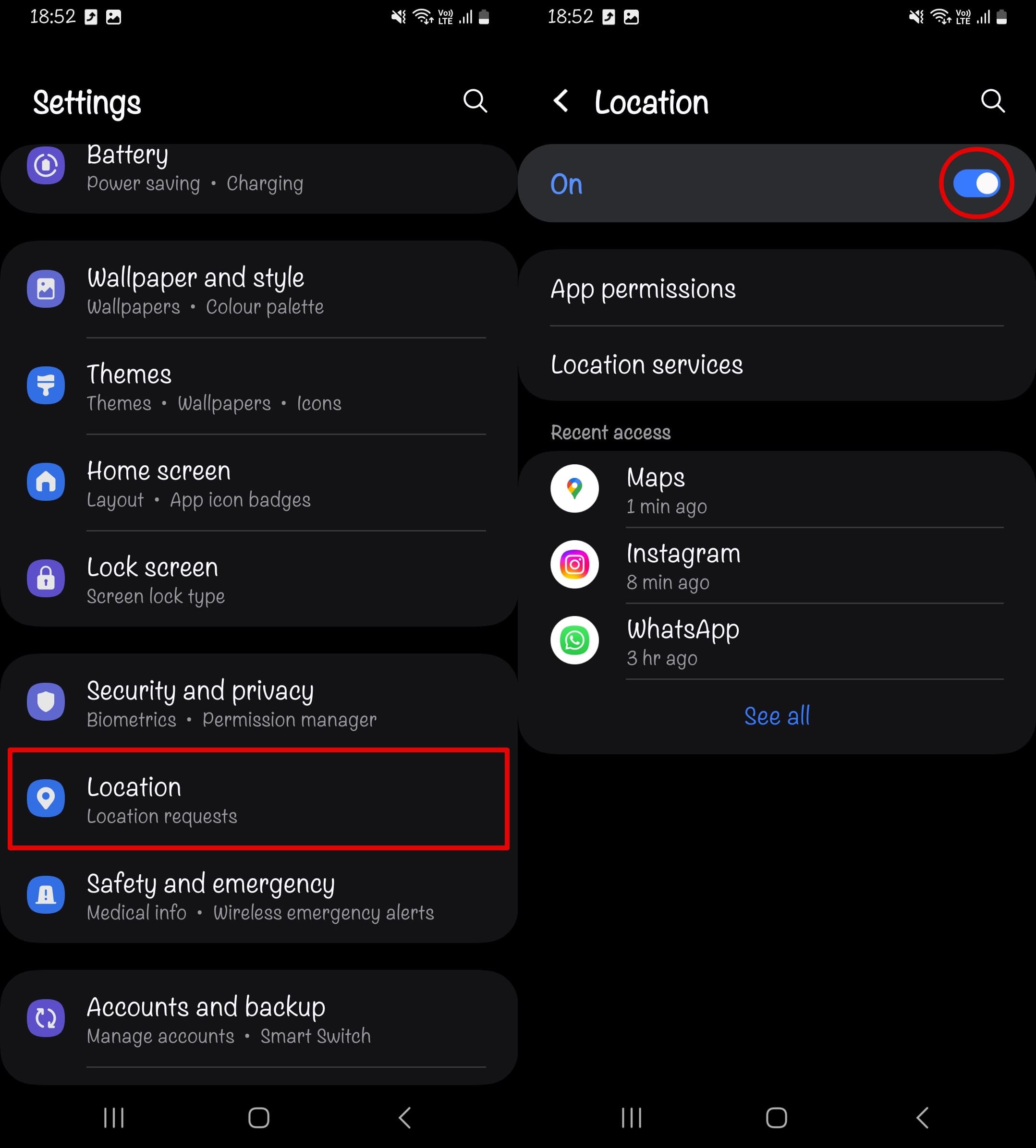 Open settings - location and tap the slider to turn on location on Android.