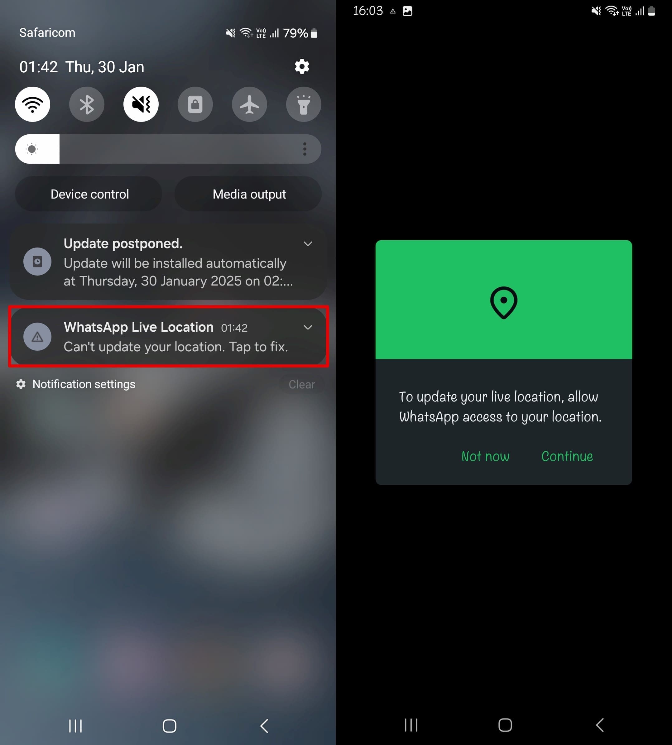 Notification when location services are turned off when sharing location on WhatsApp.