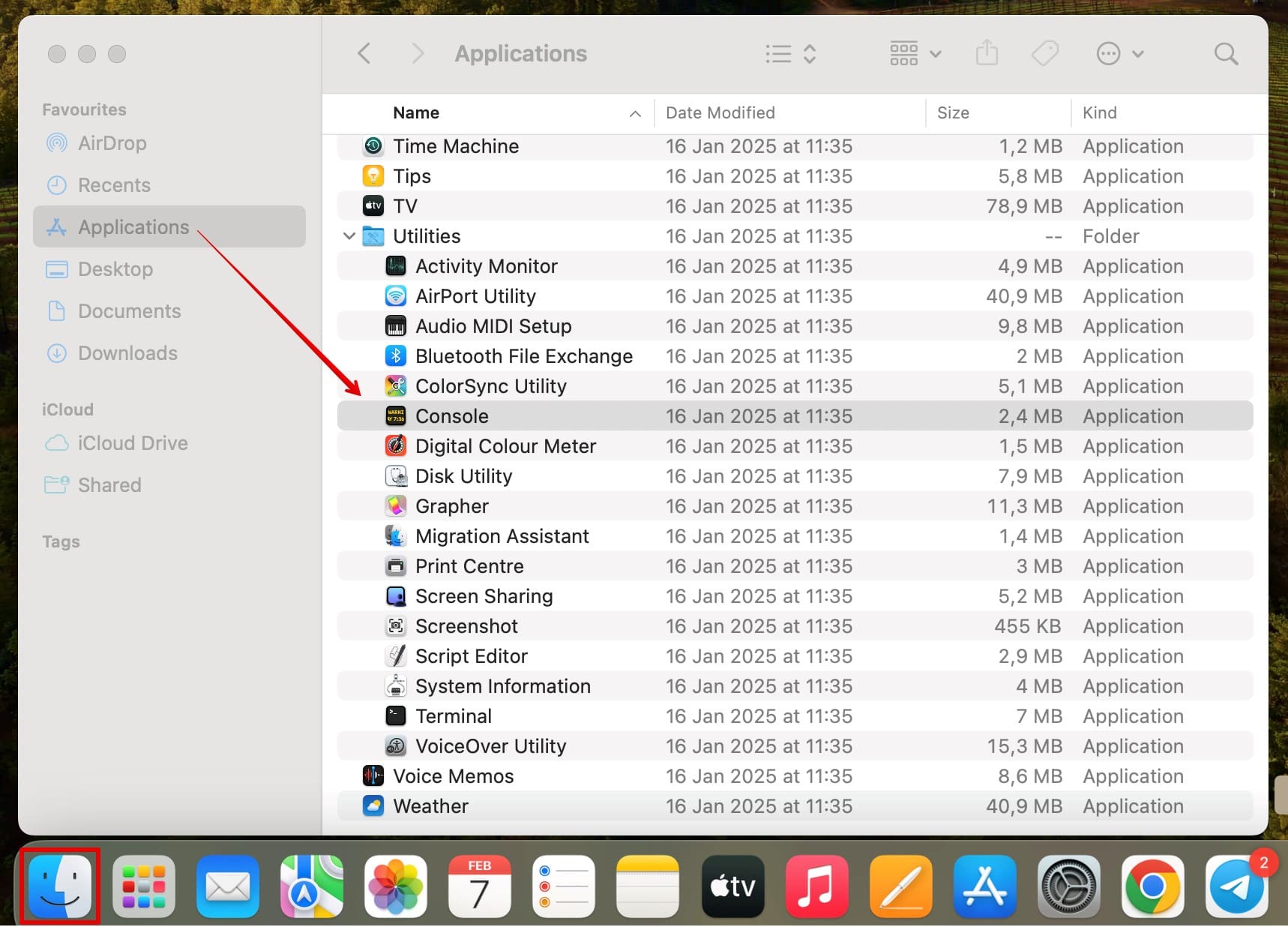 To access the console on Mac, go to Finder - Applications - Utilities folder.
