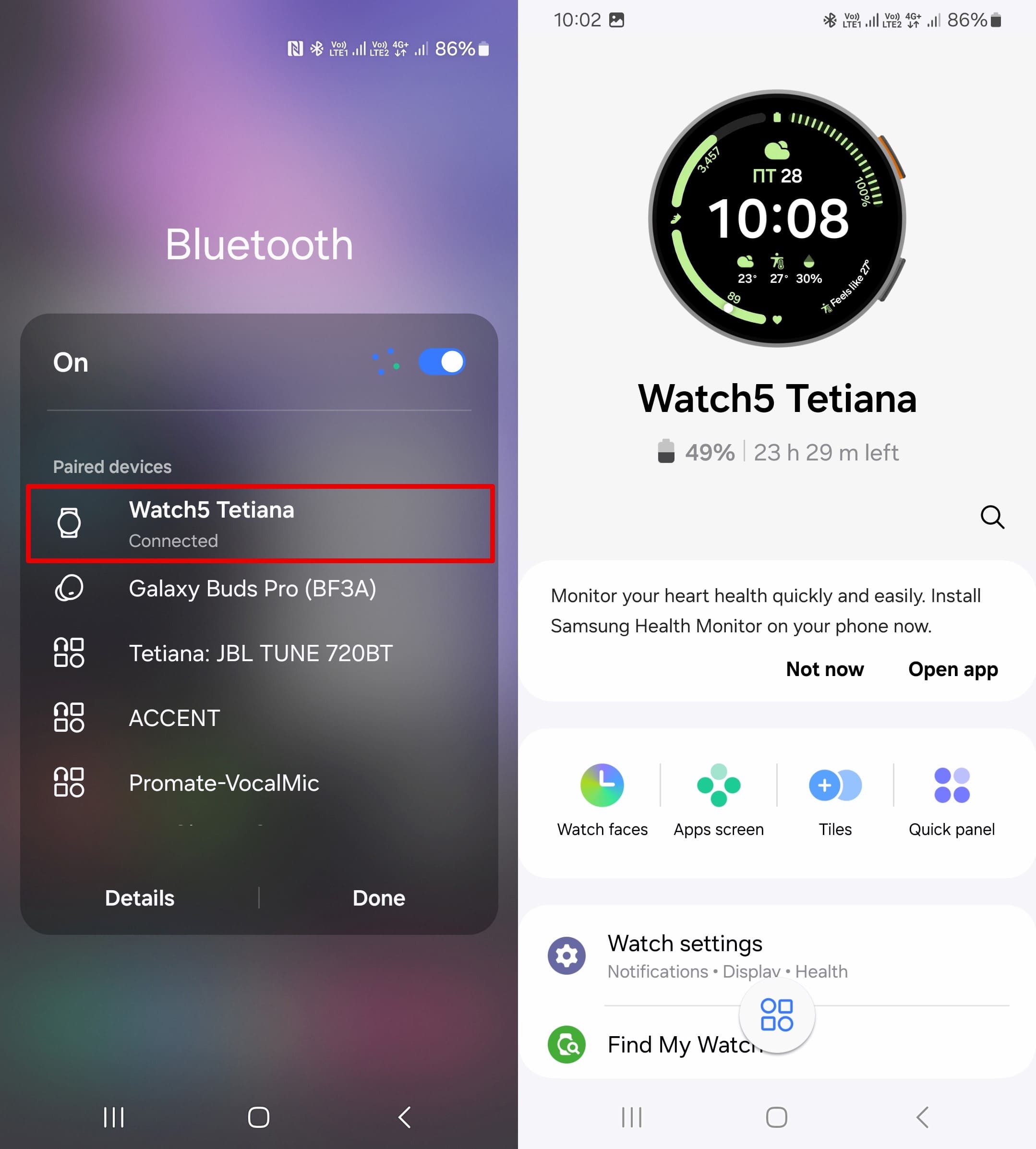 Smartwatch watch is connected via Bluetooth to the phone.