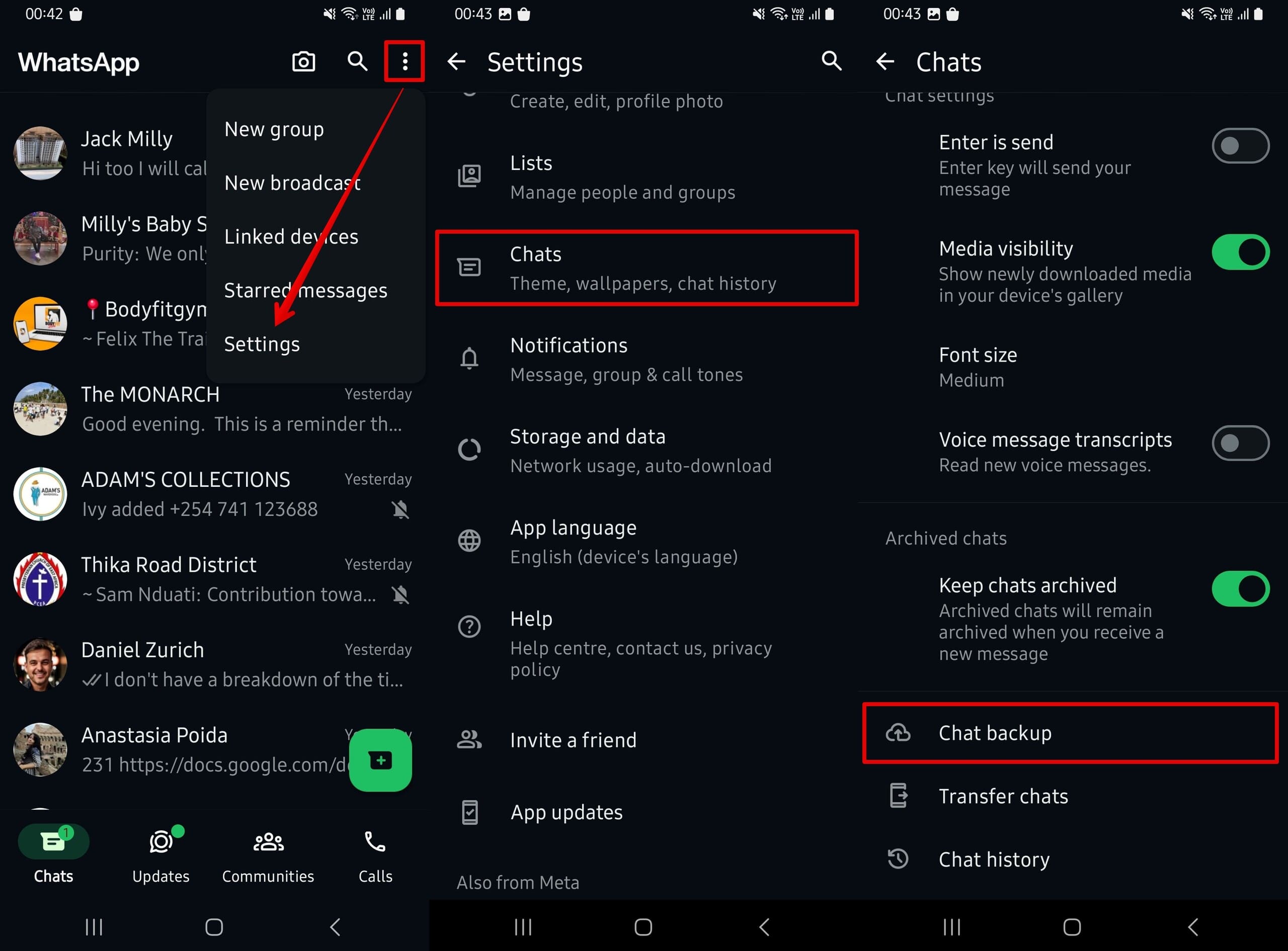 Go to the WhatsApp settings in the application - Chats - Chat backup.