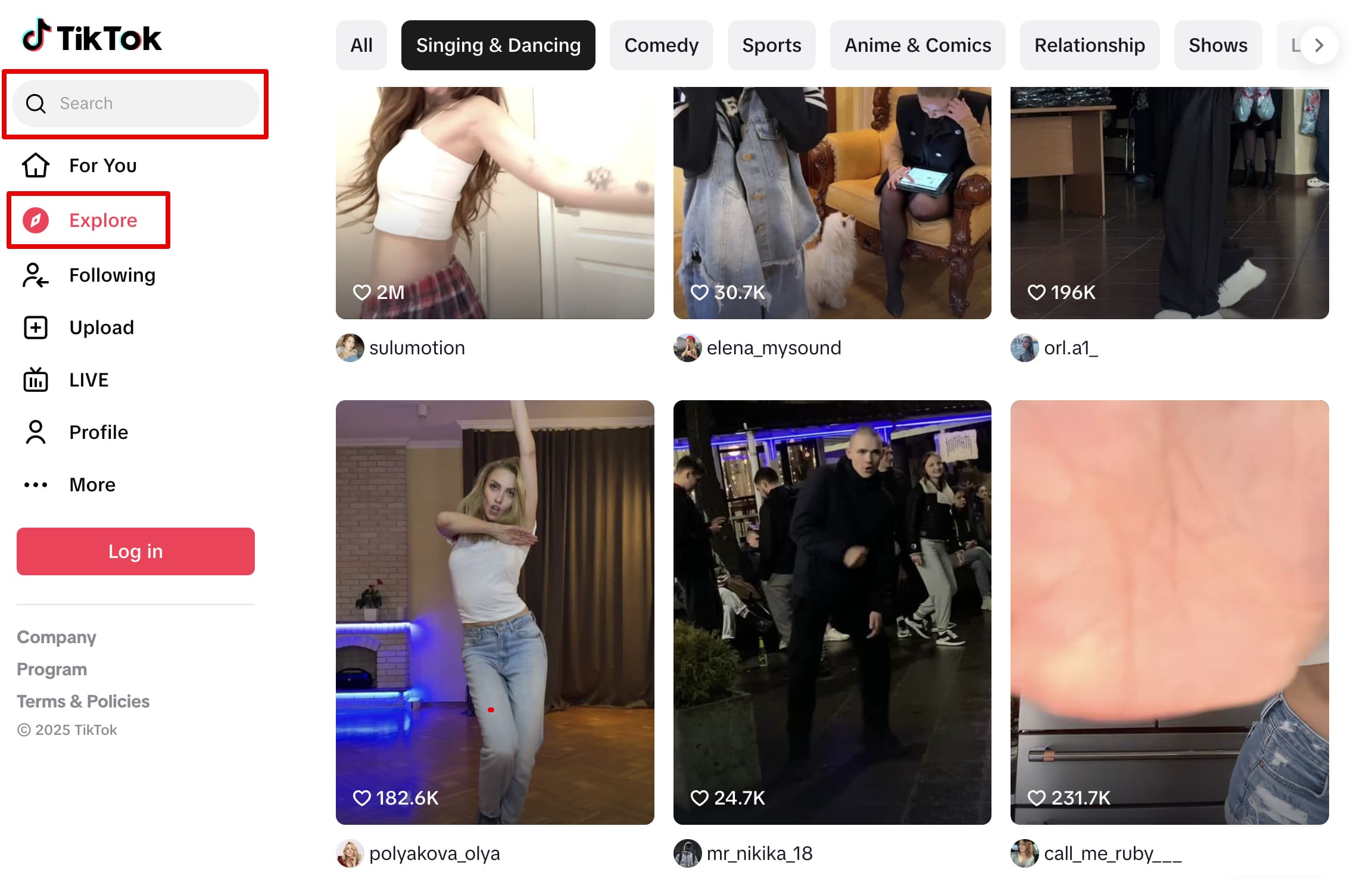 Click Explore to search TikTok content by categories on web.