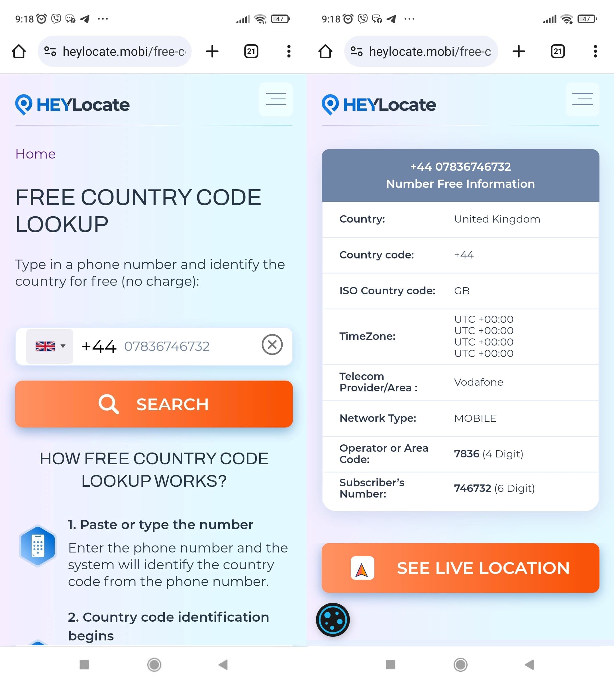 Heylocate’s Free Country Code Lookup page, displaying a phone number input field and a search button. The search results include country name, telecom provider, and an option to see live location.