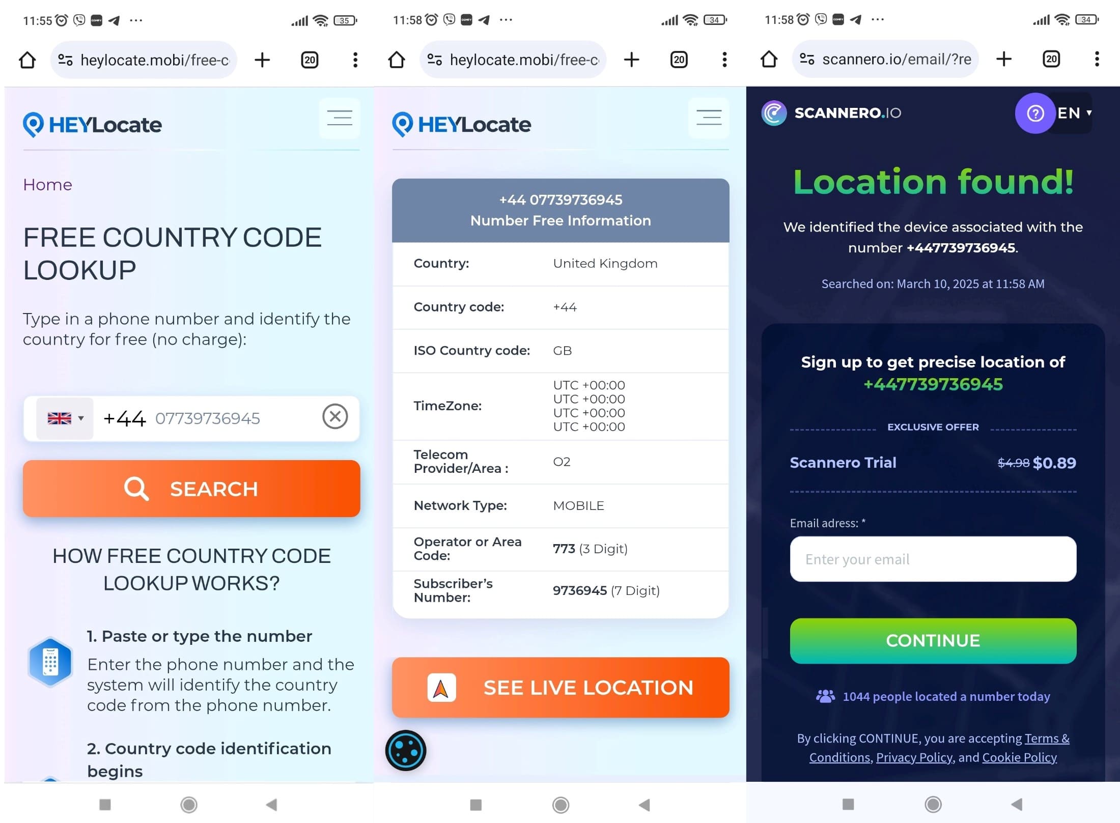 Free country code service heylocate: enter the phone number to get the number's information and use Scannero to view the location in real time.