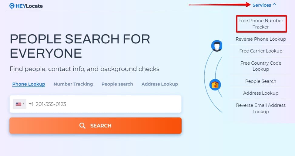 Phone Lookup search field on the main page and drop down Services menu with options for phone lookup, number tracking, and address lookup.