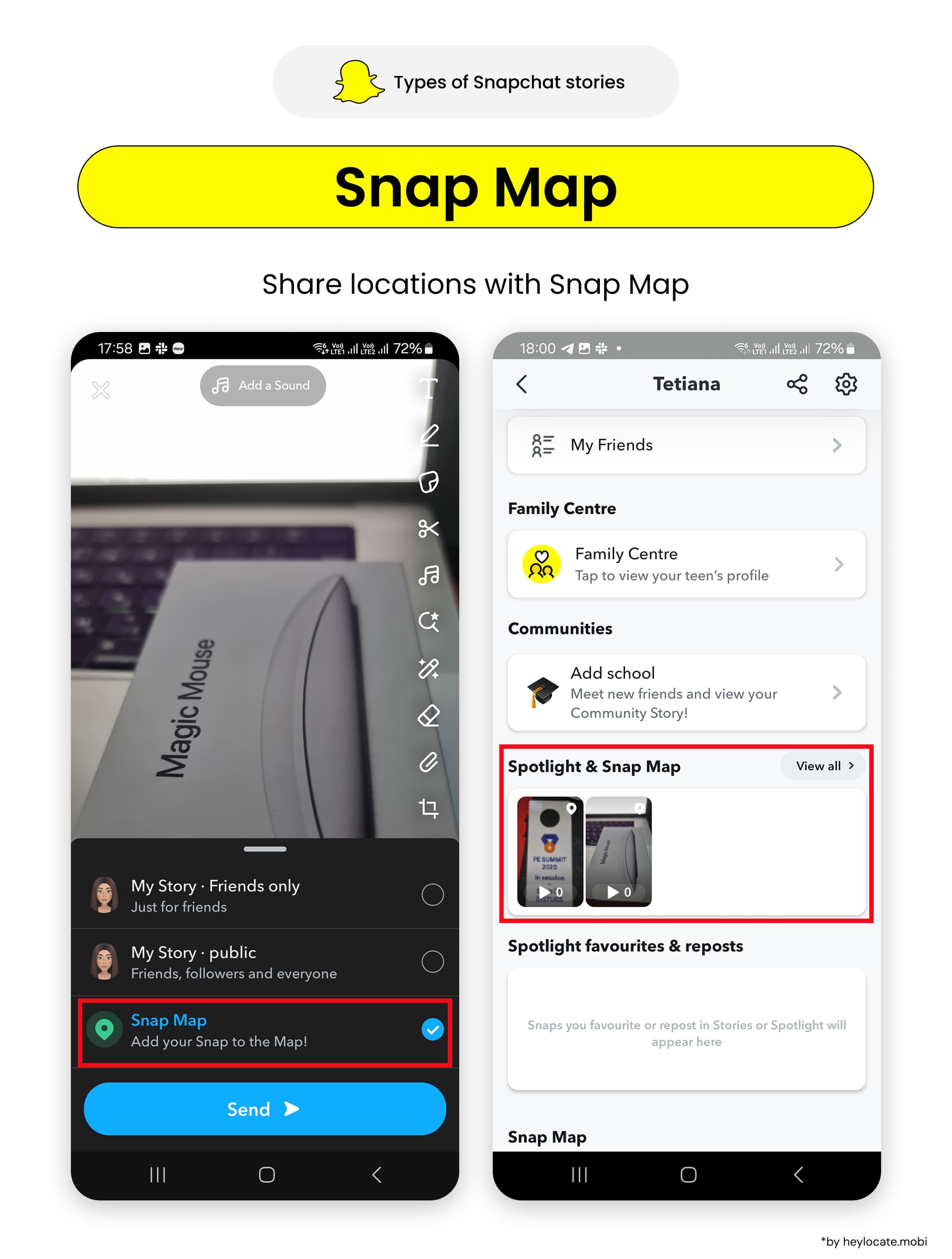 Upload a media file, select Snap Map and press send, and you'll see all the published Spotlight and Snap Map.