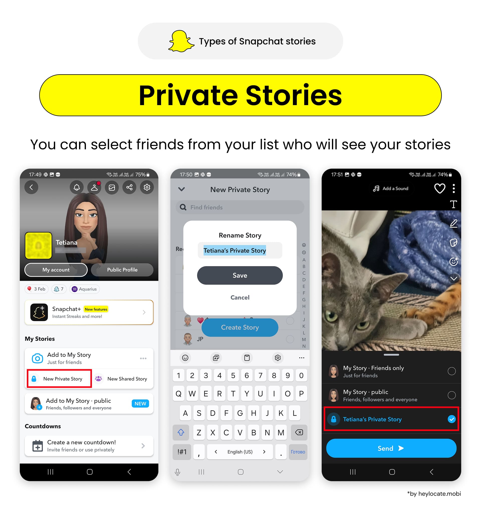 Click New Private Story - select friends and a title - publish the story to your friends.