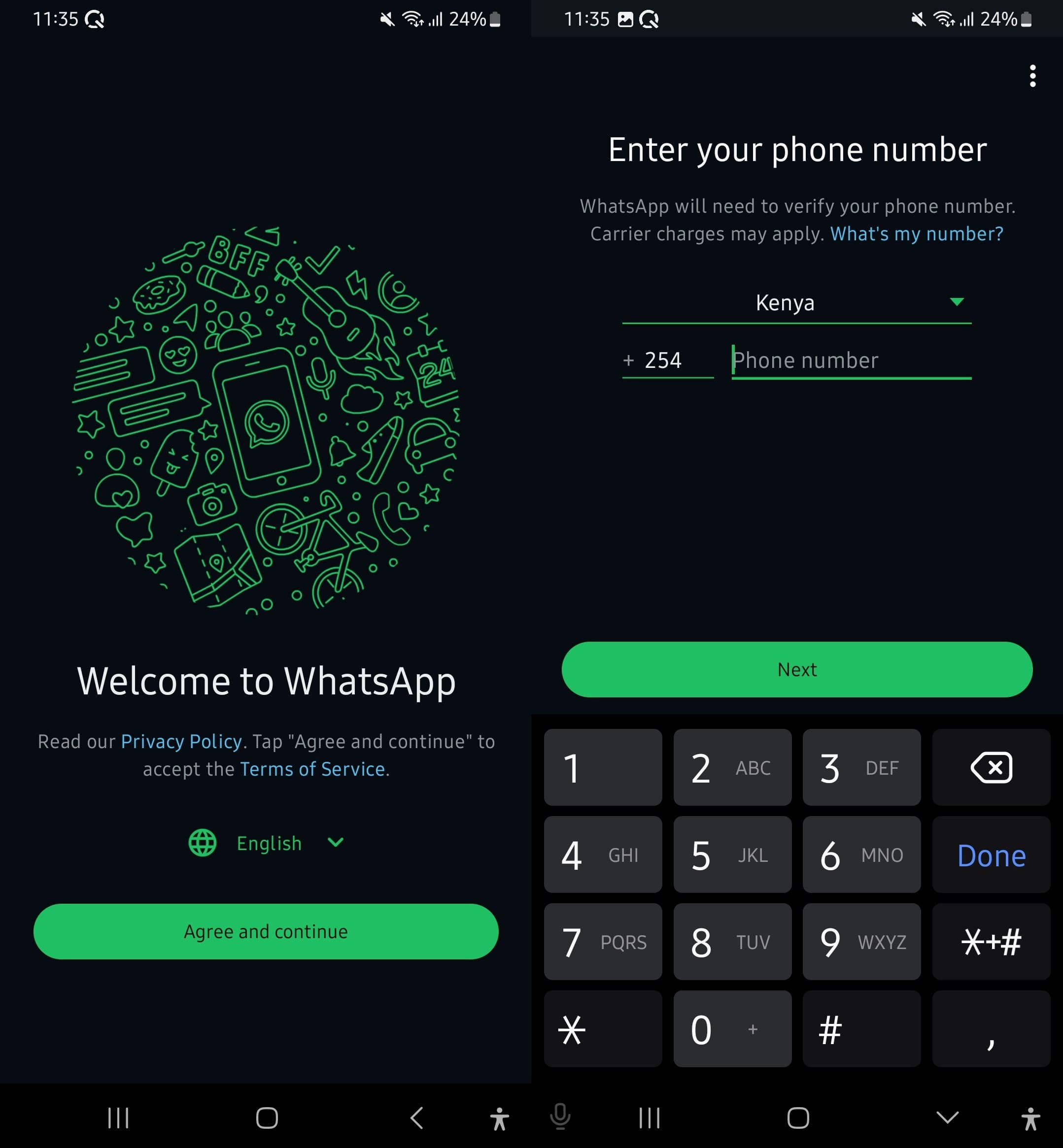 Agree to the WhatsApp Terms of Service and enter the phone number for installation.
