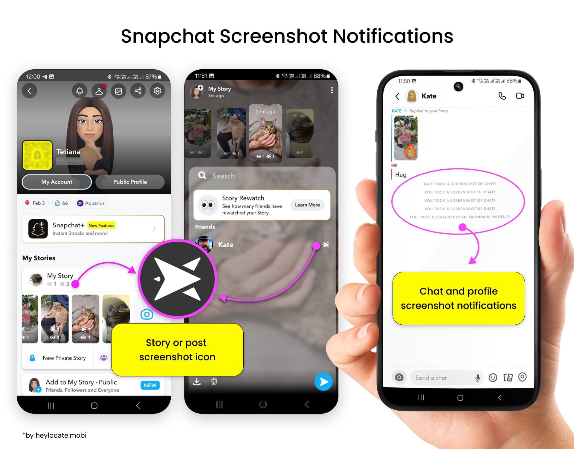 Display a screenshot icon of the story and notify you of the screenshot in Snapchat chat.