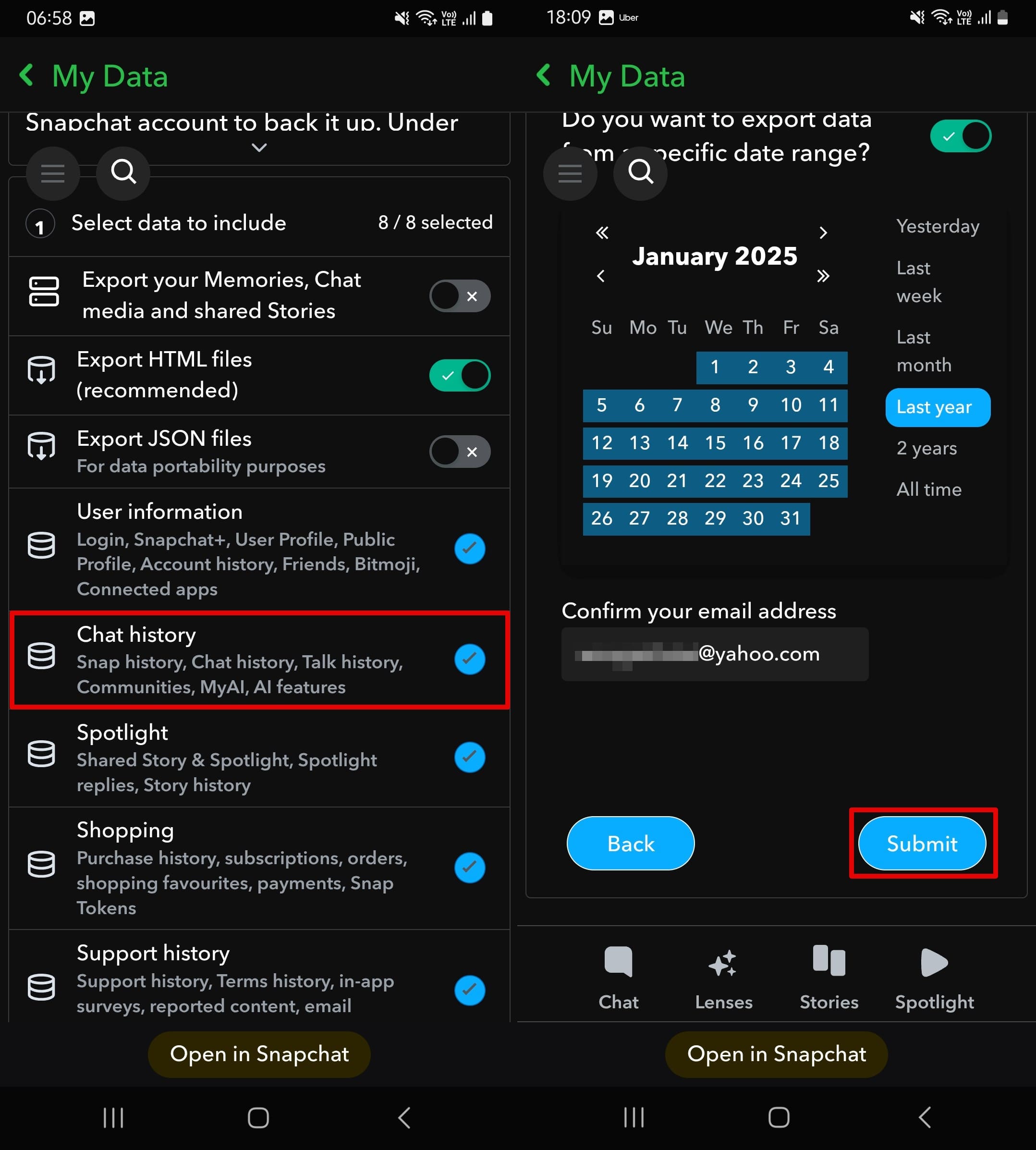 Snapchat selection of data and period to include for data download.