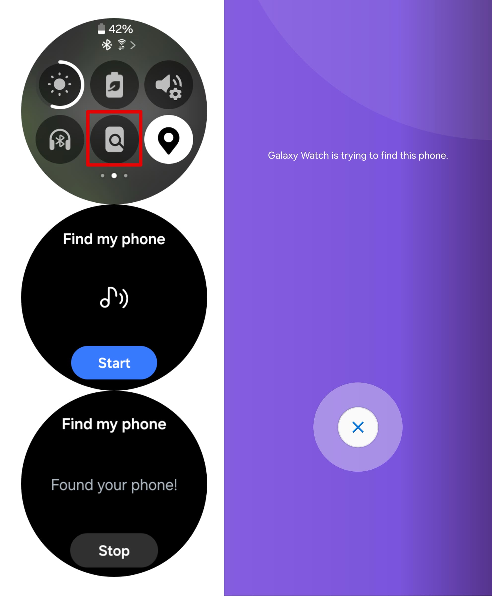 On the watch, open the menu curtain and select icon Find my phone.