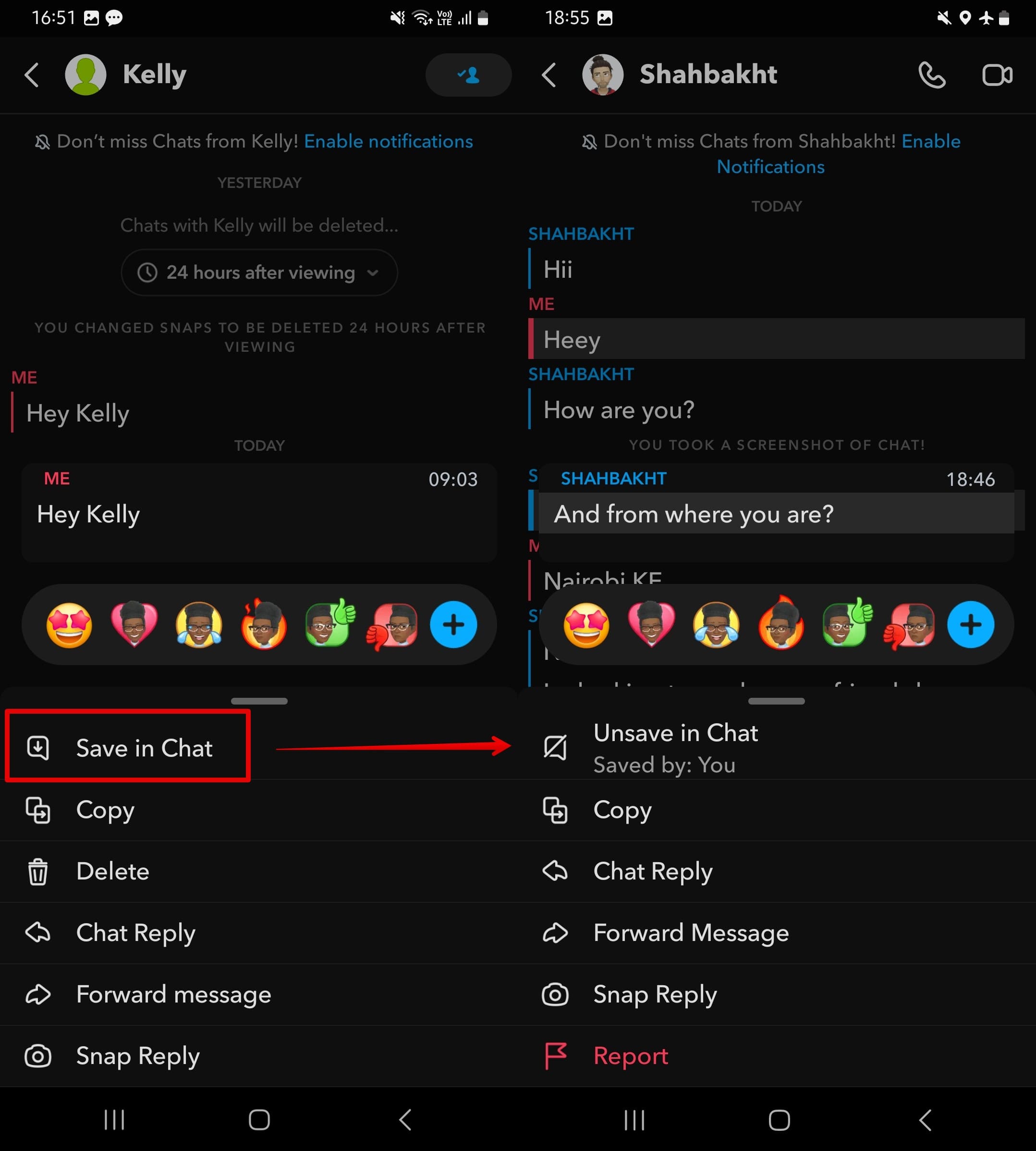 Tap save in chat option on Snapchat chat or unsave in chat.