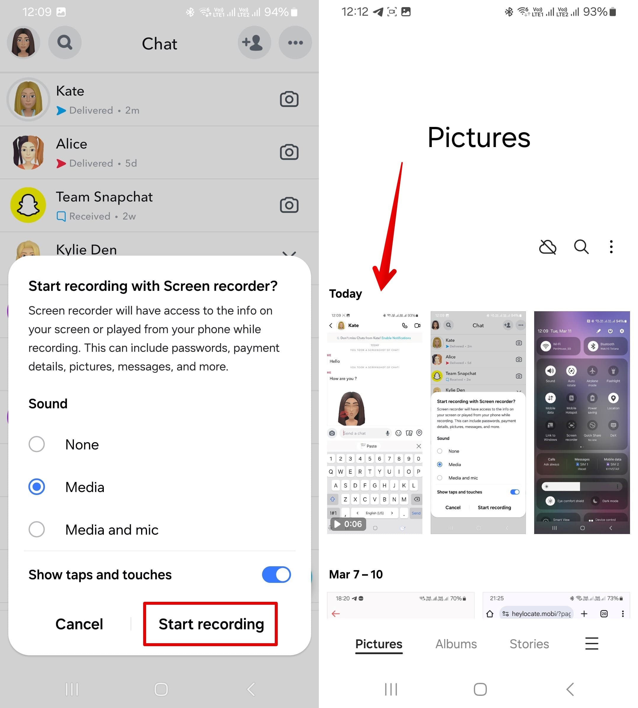 Steps to activate screen recorder on Snapchat and viewing in the gallery.