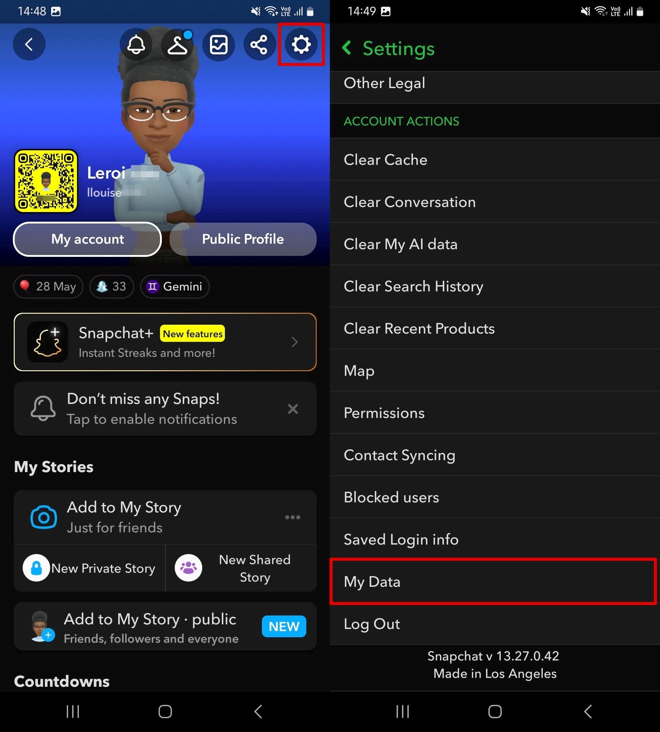 Open Snapchat settings and scroll down to My data.