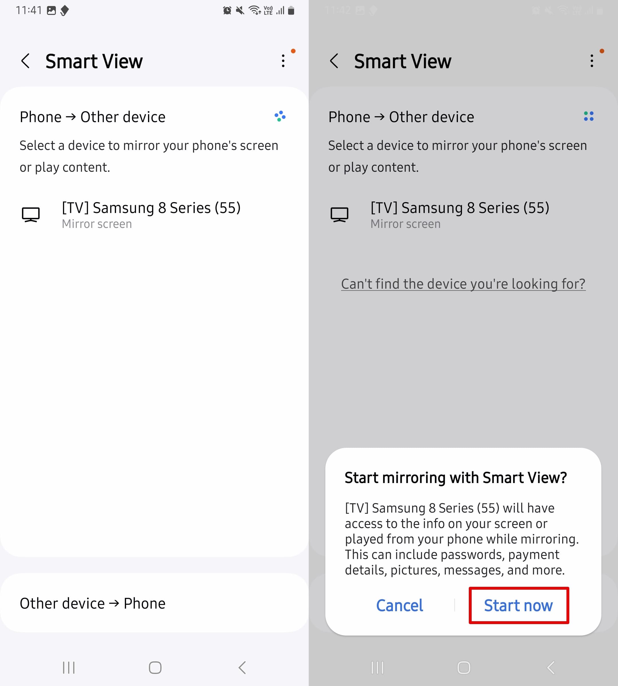 Click device to mirror and Start now to start mirroring on TV.