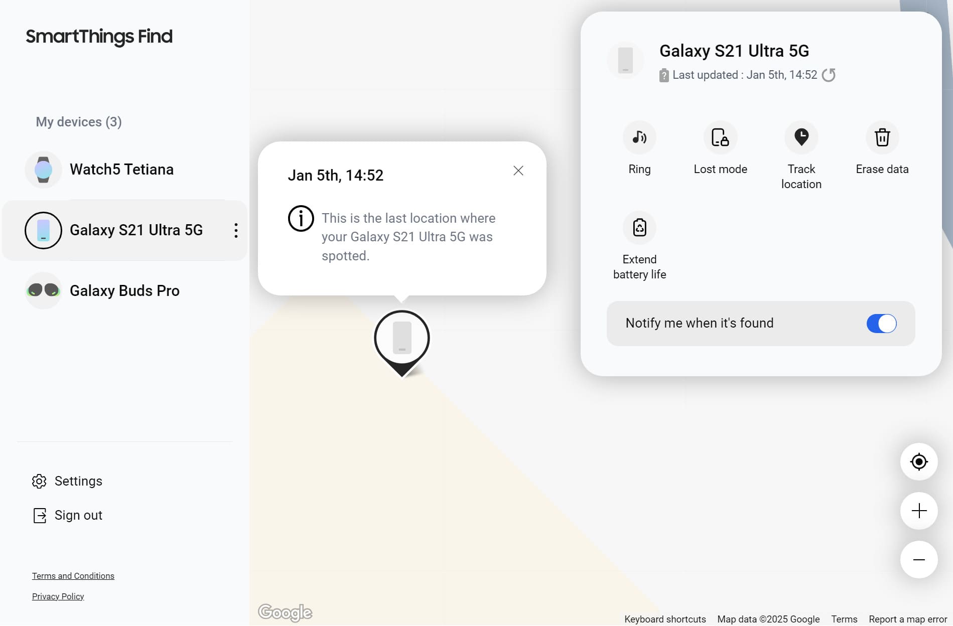Functions you can perform in smart things find when your phone is off, one of which is “notify me when it's found”.