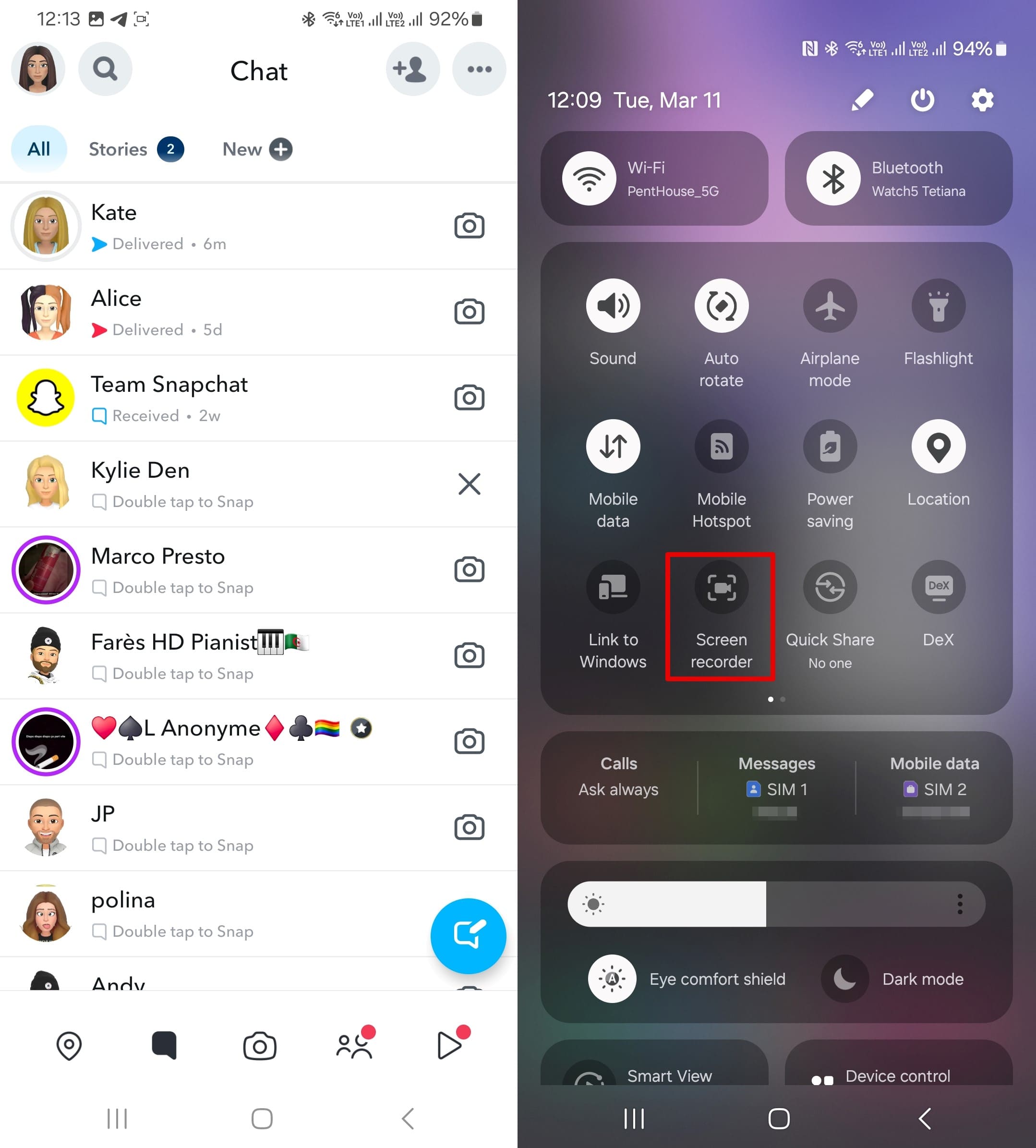 Steps to activate screen recorder on Snapchat.