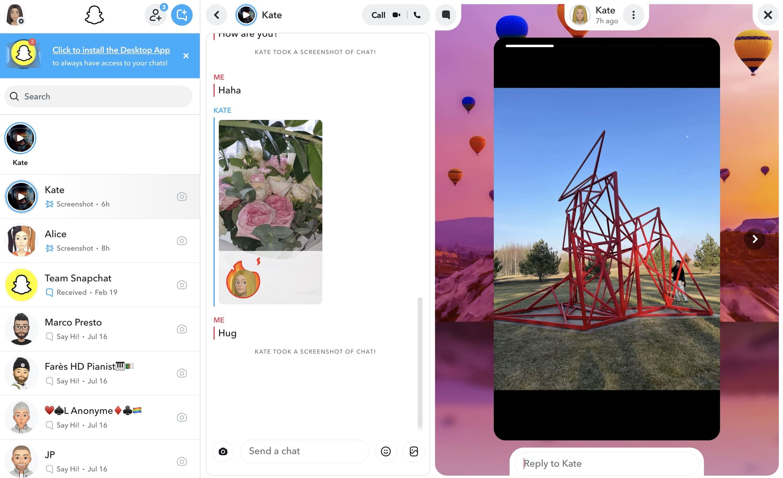Taking a screenshot on Snapchat web using a screenshot program.