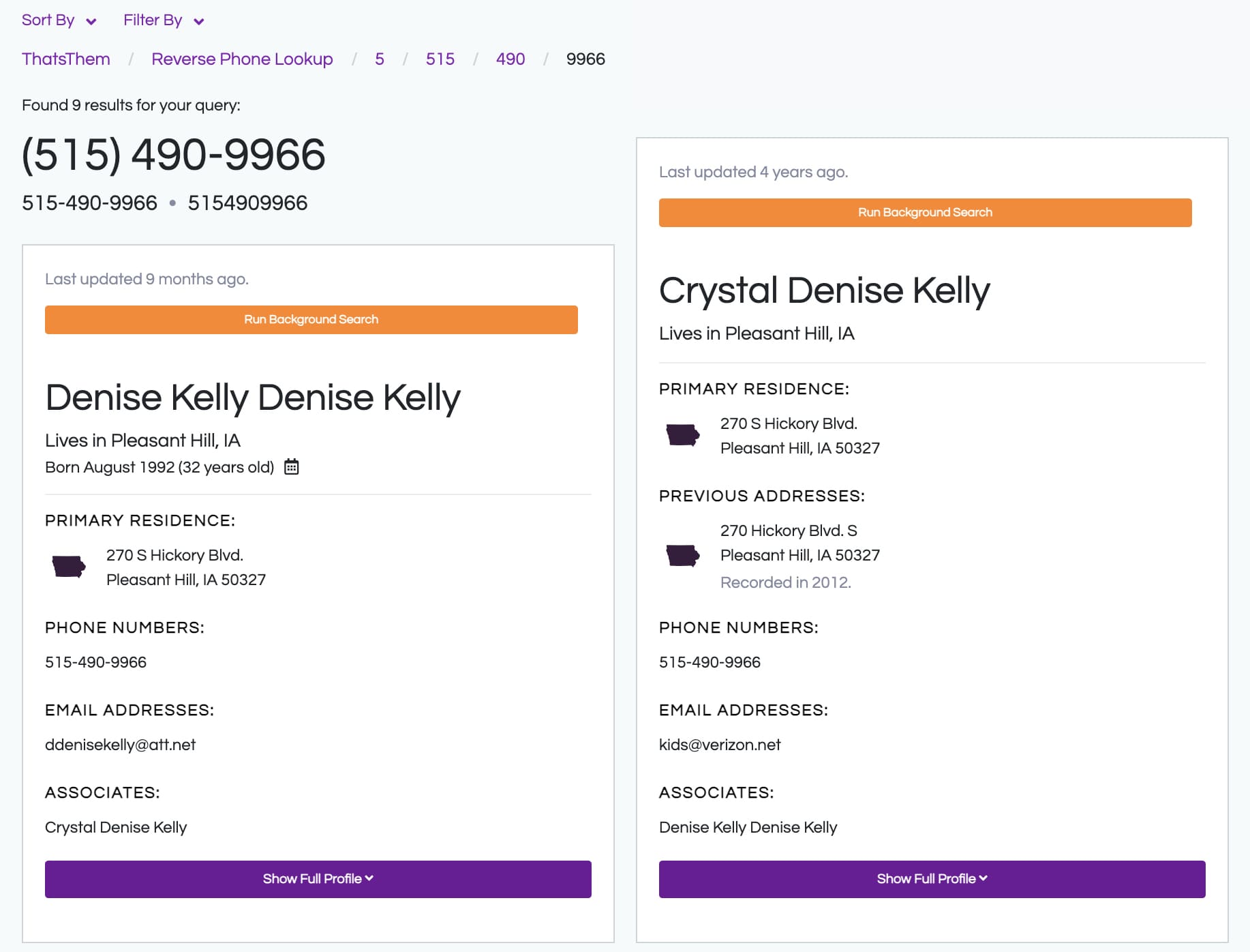 The search results contain a full name, address, phone number, email and the associates names.