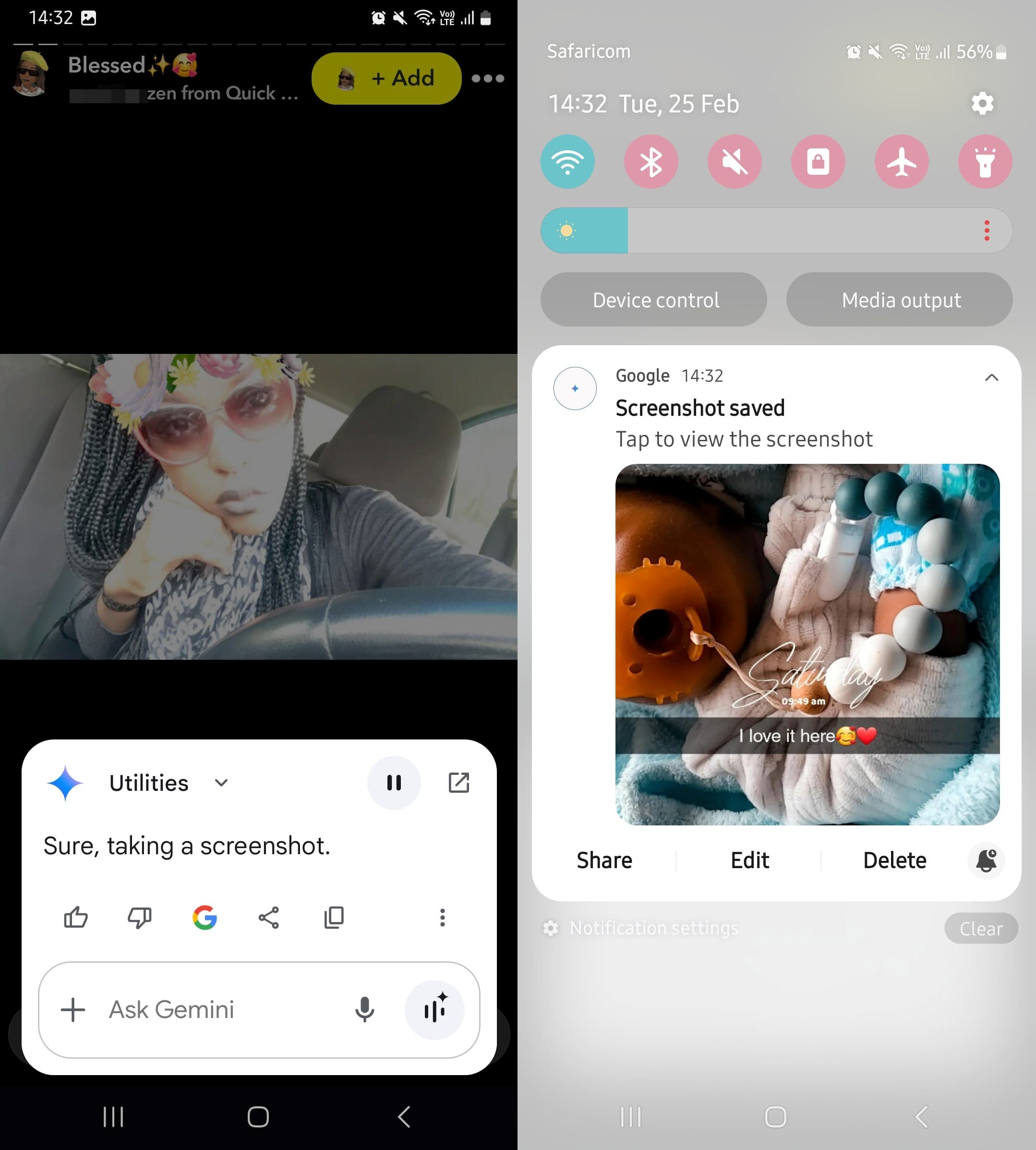 Using Google Assistant to give a voice command to take screenshot on Snapchat.