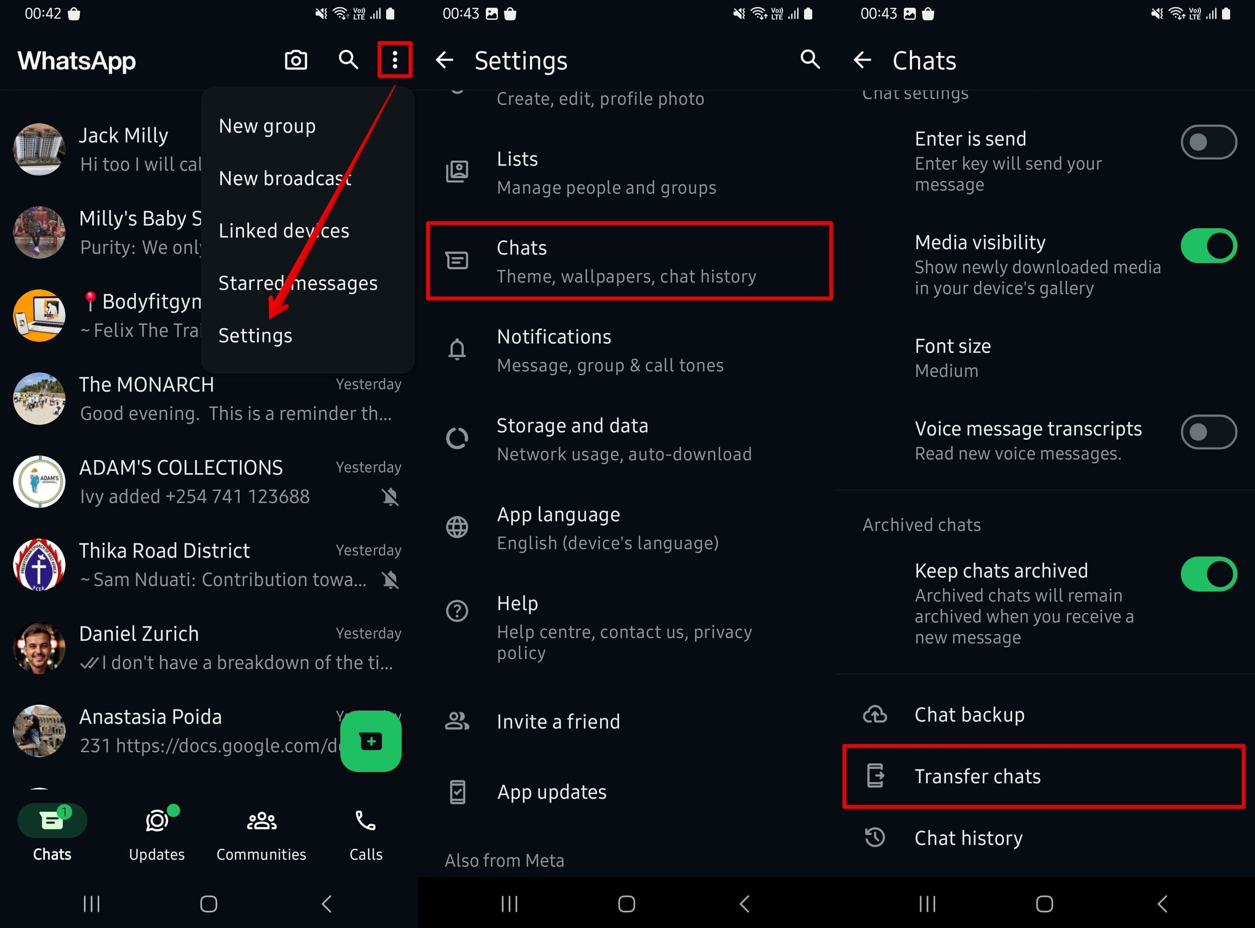 Open WhatsApp settings - chats - transfer chats.