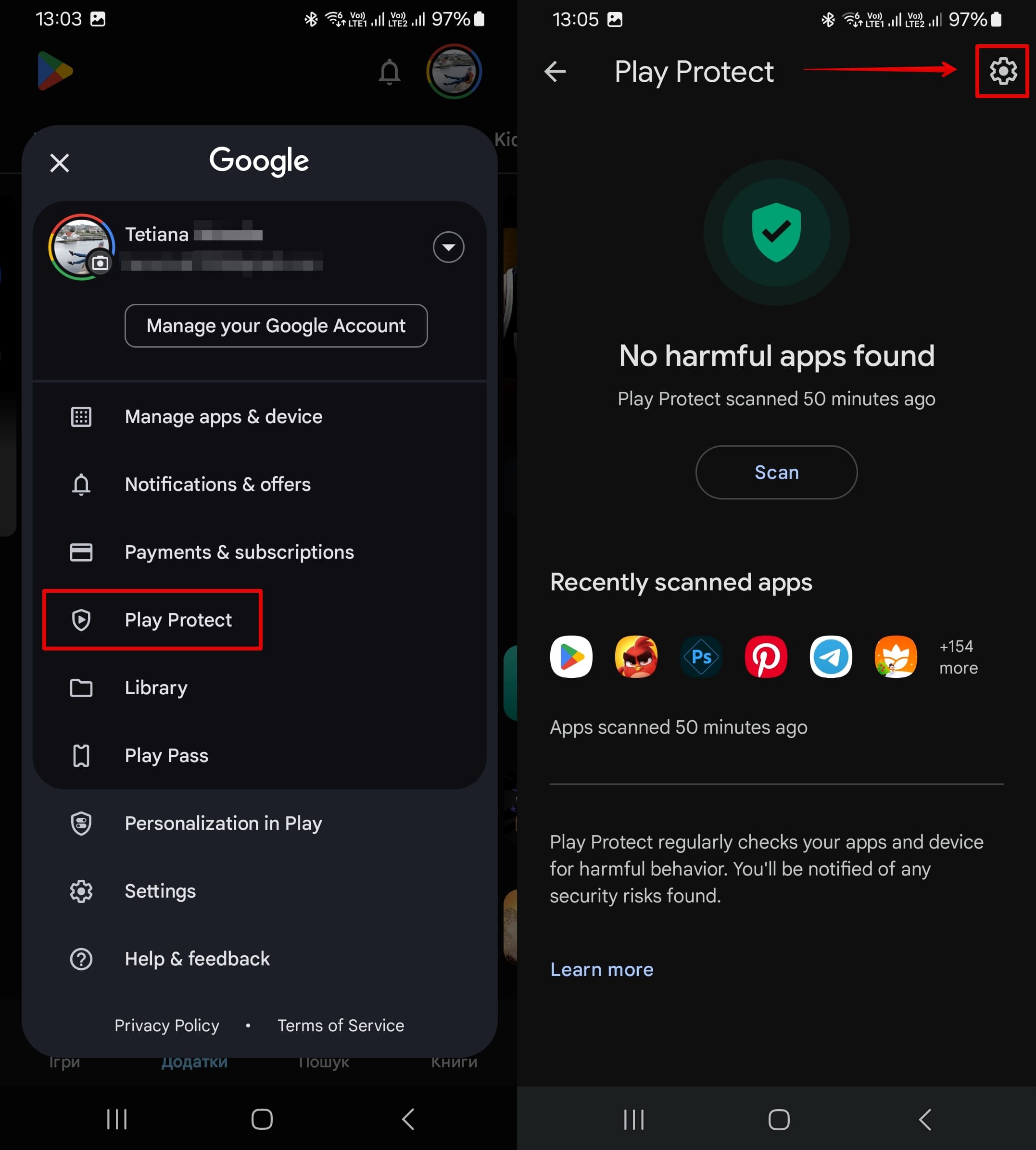 Play Protect in the Google Play Store menu and its settings.