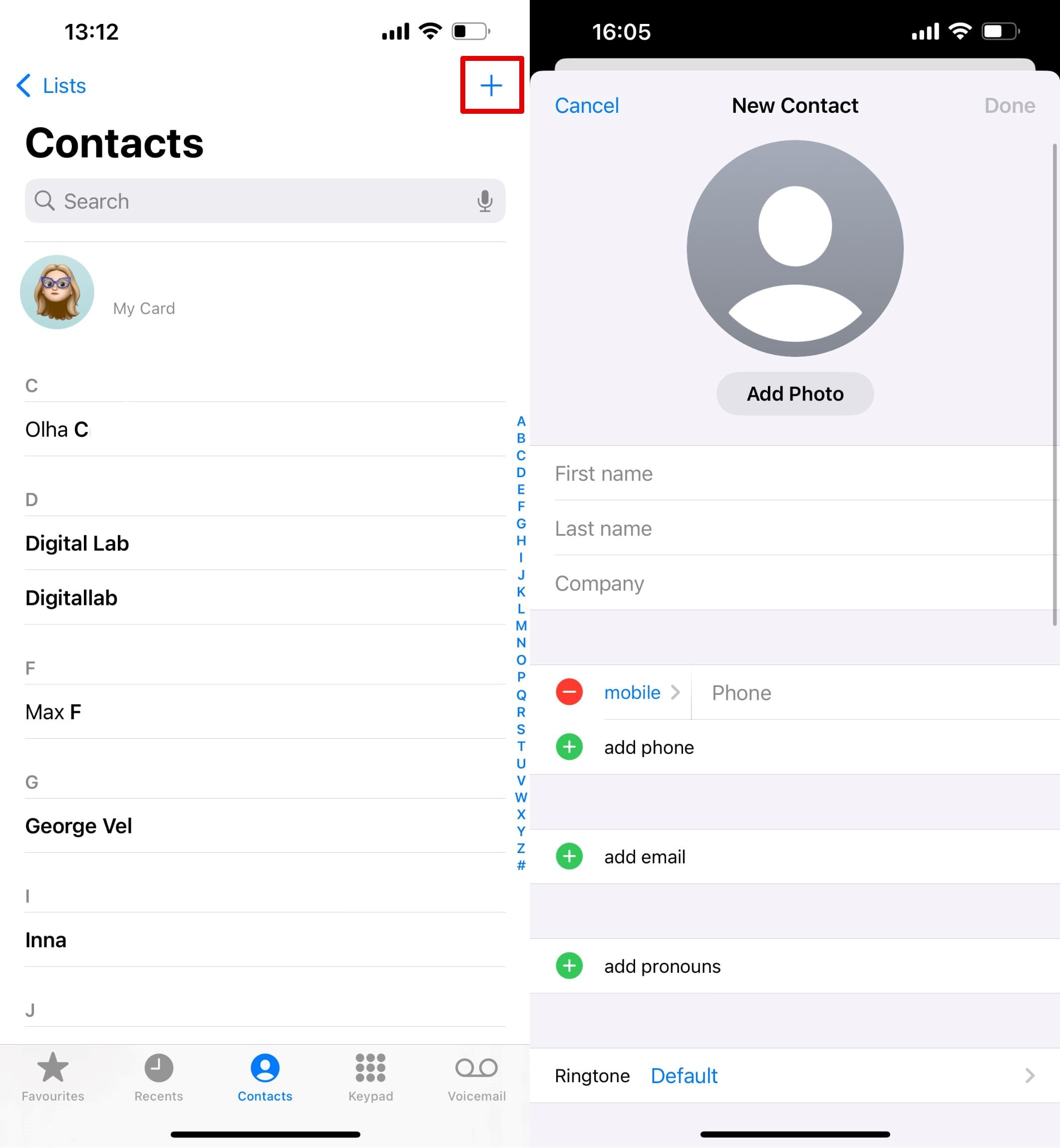 Click the “+” in the top right corner, fill in the person's information, and click Done.
