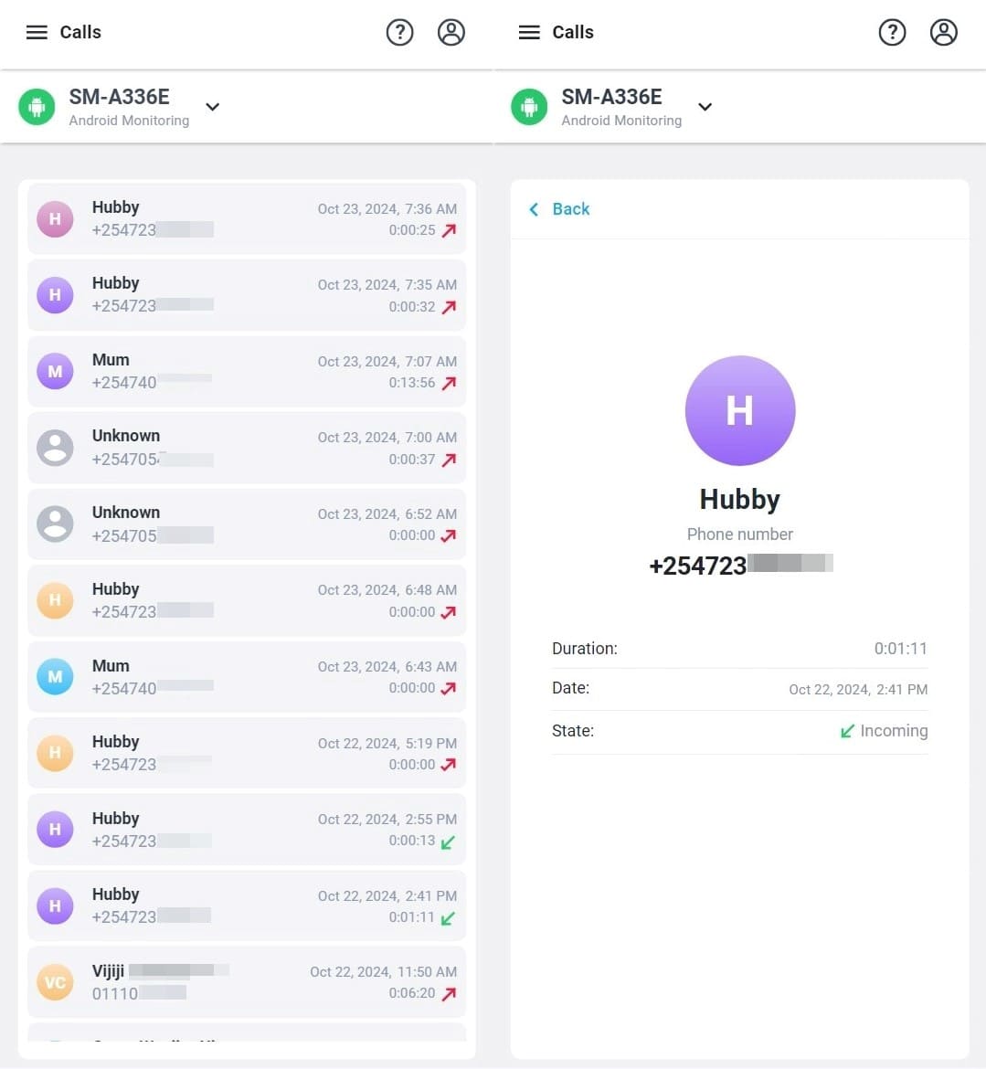 Call logs, call details and individually open contact from mSpy monitoring app.