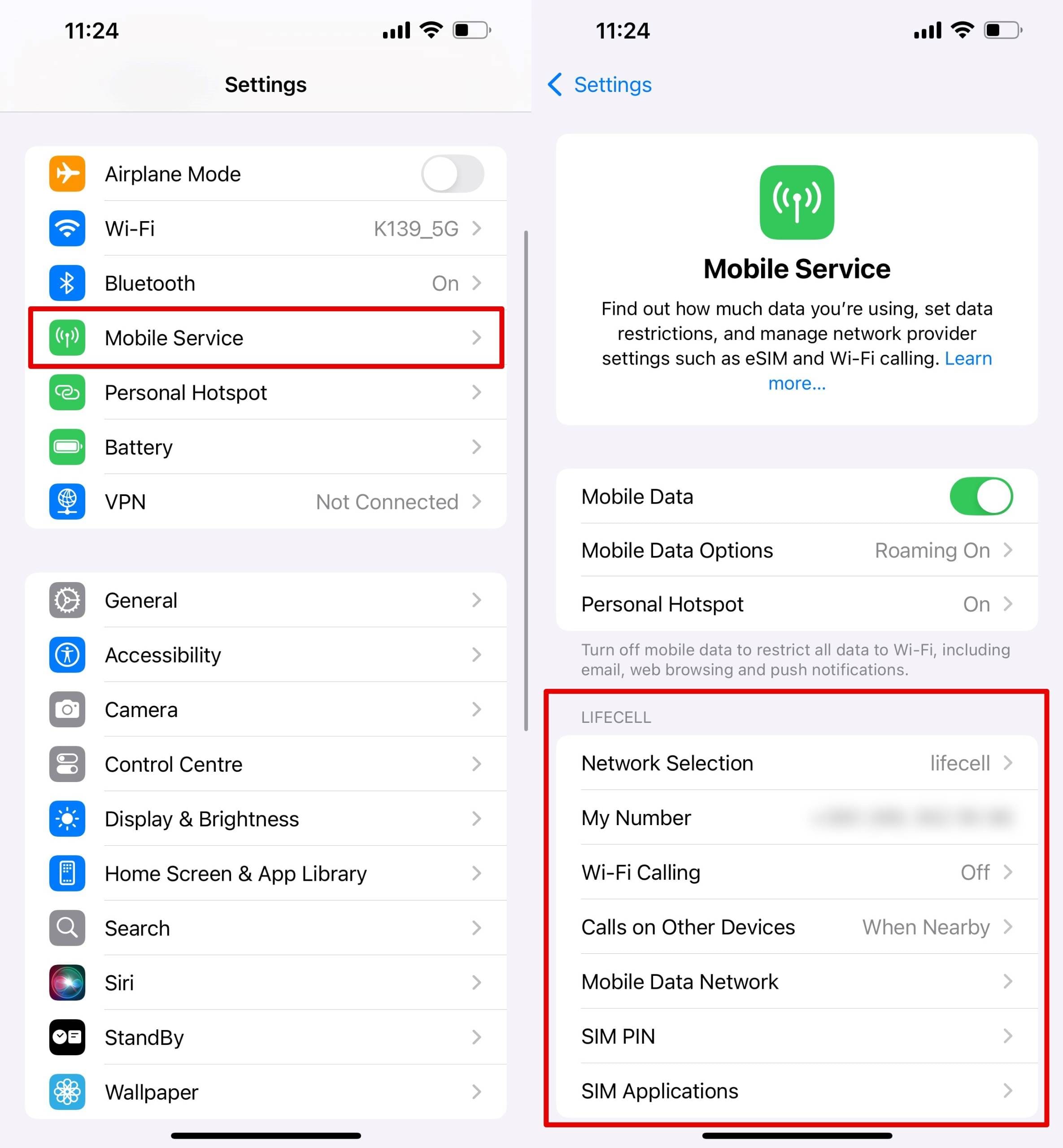 Opening Settings and tapping on Mobile Service to view carrier name and cellular options.