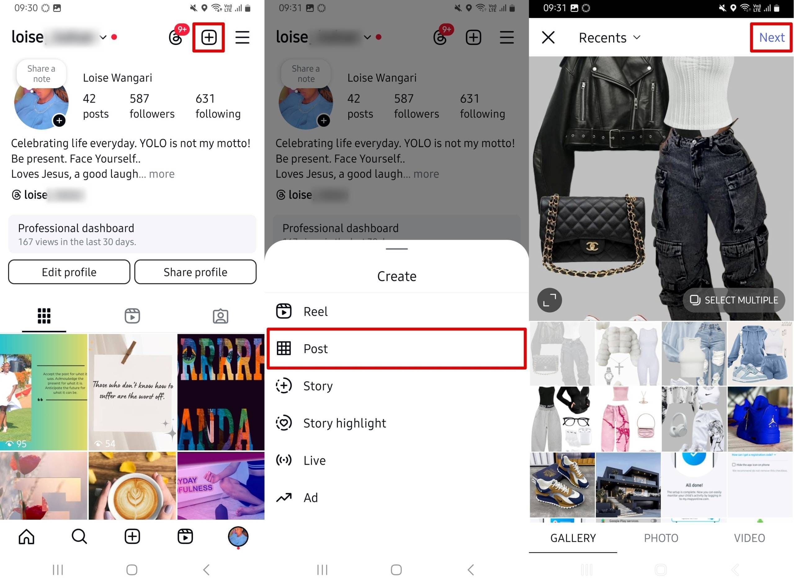 Click the plus button and choose create post and select media from library.