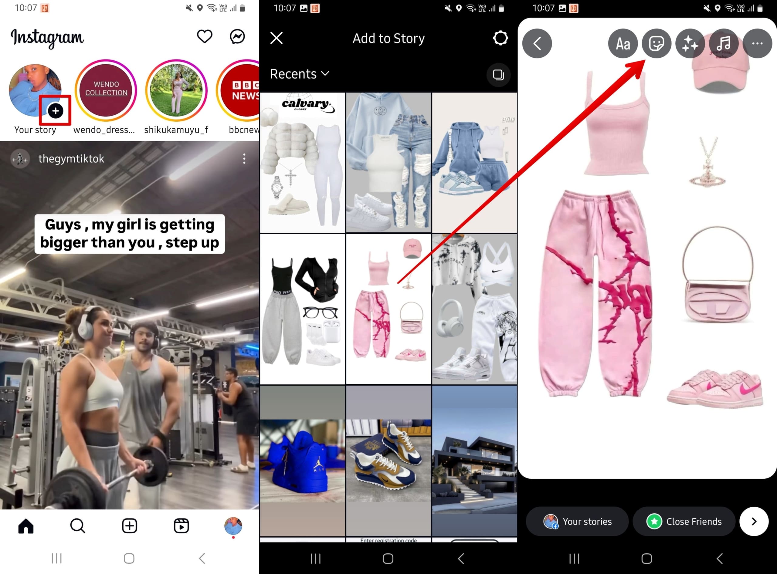 Click the plus button, choose media, and click sticker icon.
