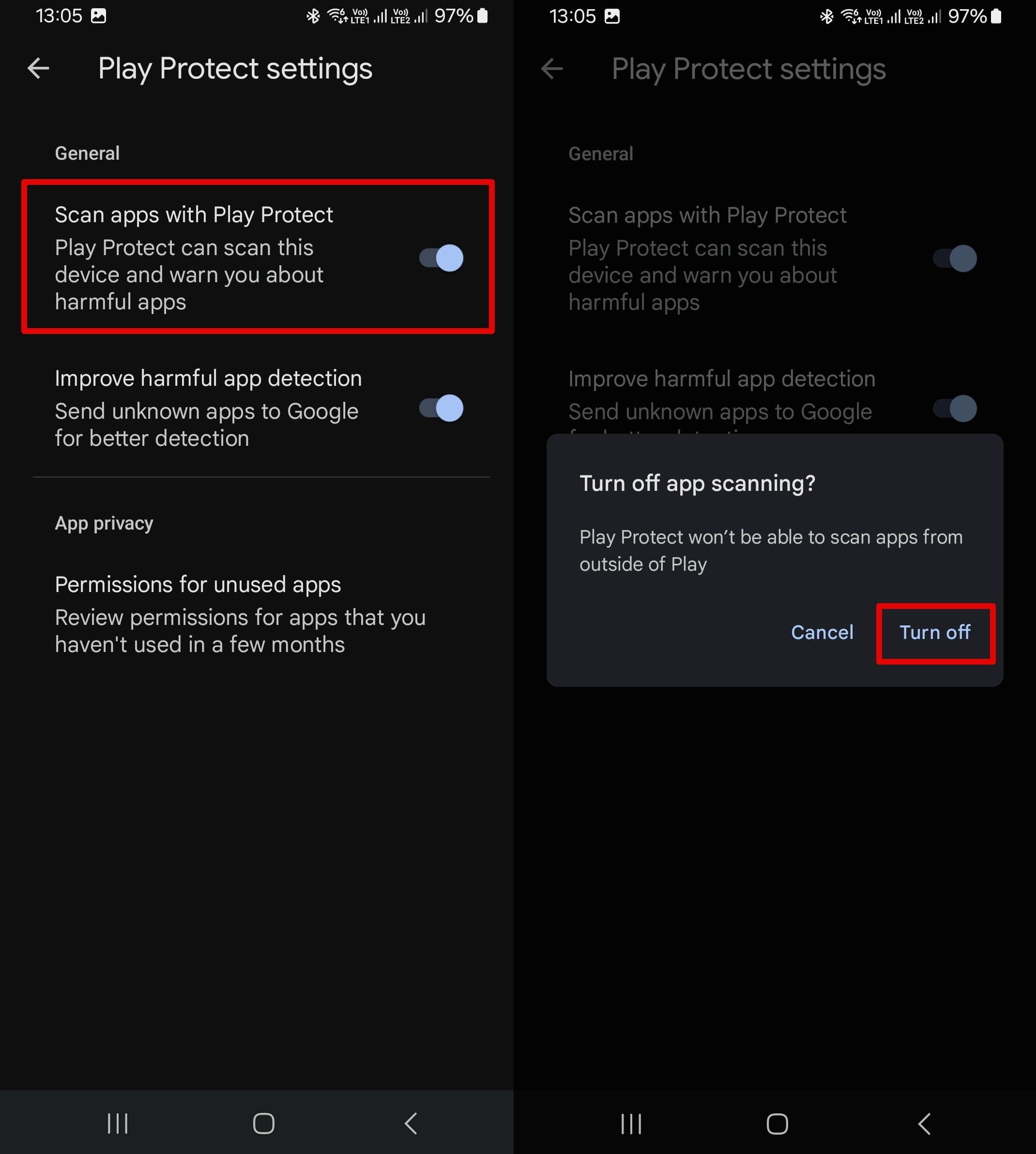 Play Protect settings, disable app scanning.