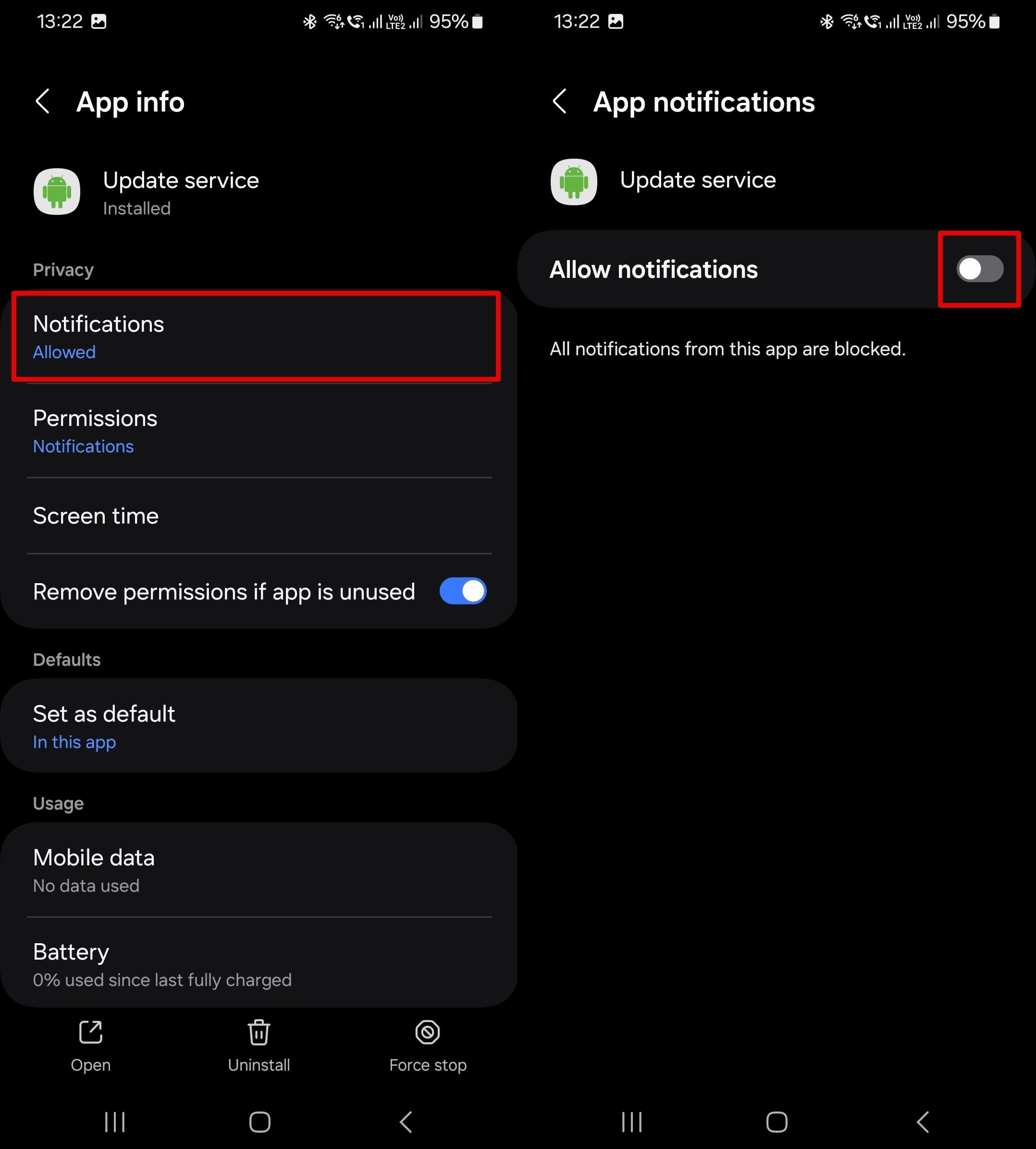 Disabling notifications for update service mspy app on android.