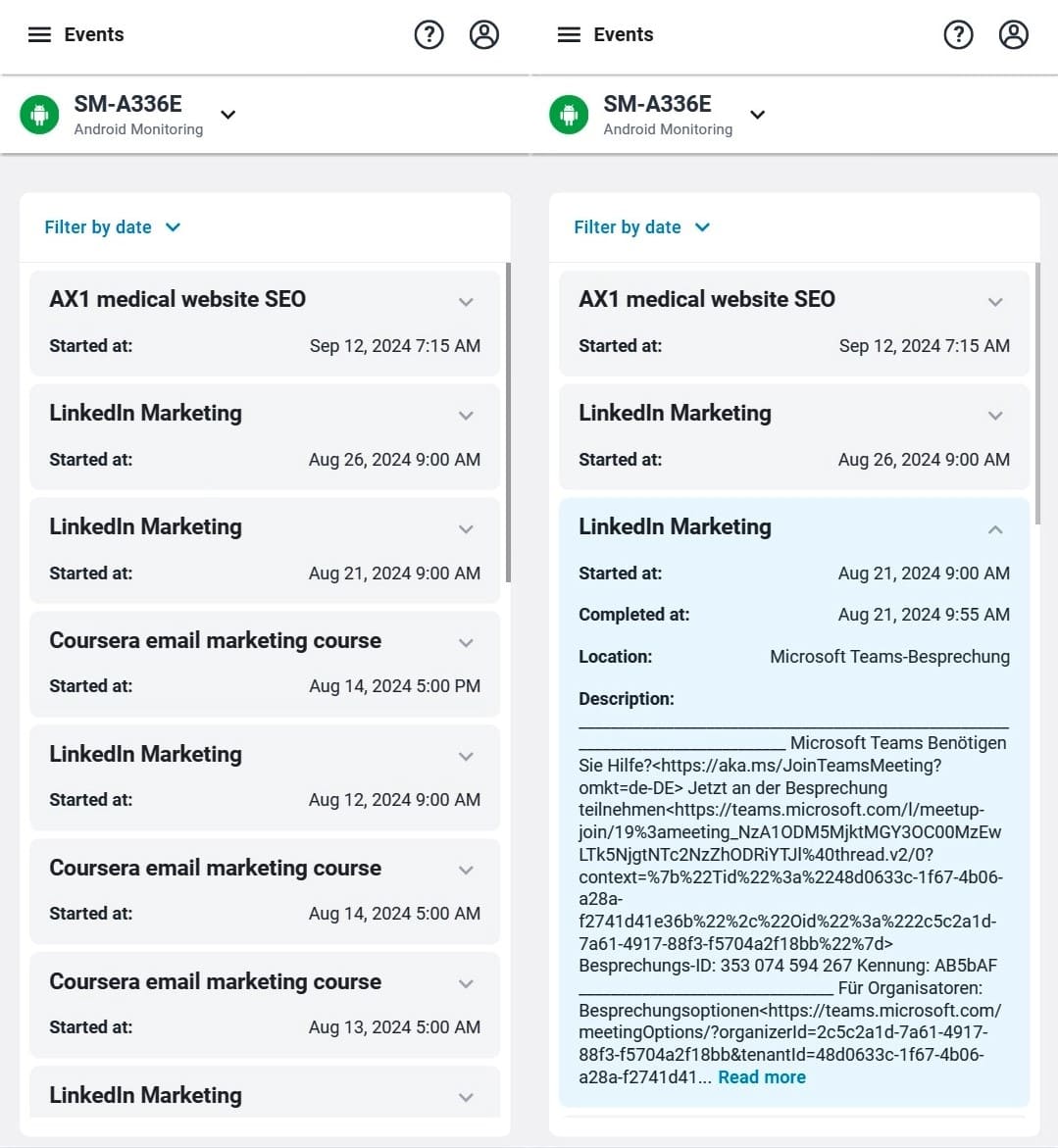 Events shows scheduled meetings with start times and detailed descriptions.