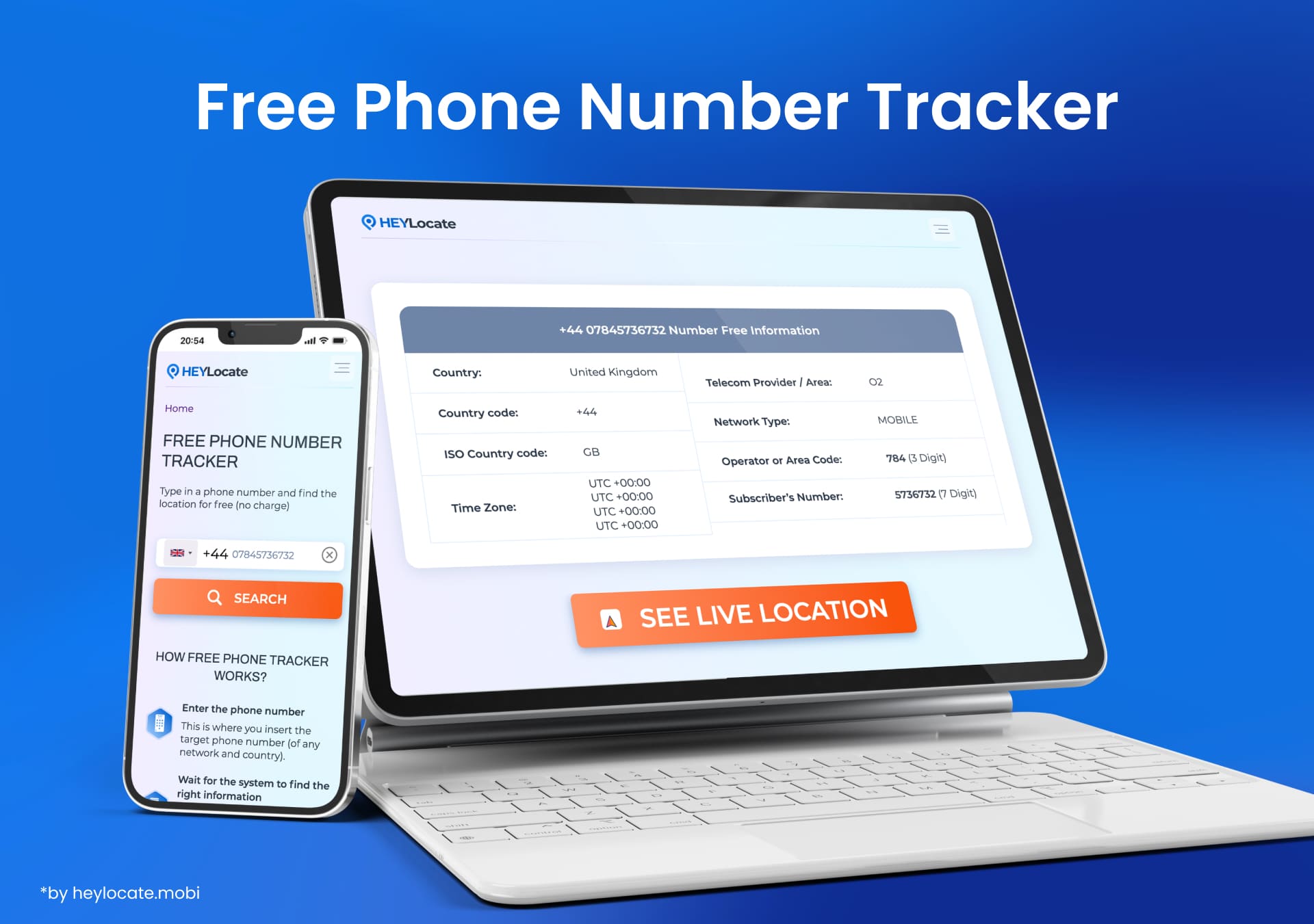 Free Phone Number Tracker interface on cell phone screen side by side on laptop search results that show Country, Time Zone, Telecom Provider, Operator code, and Network Type.