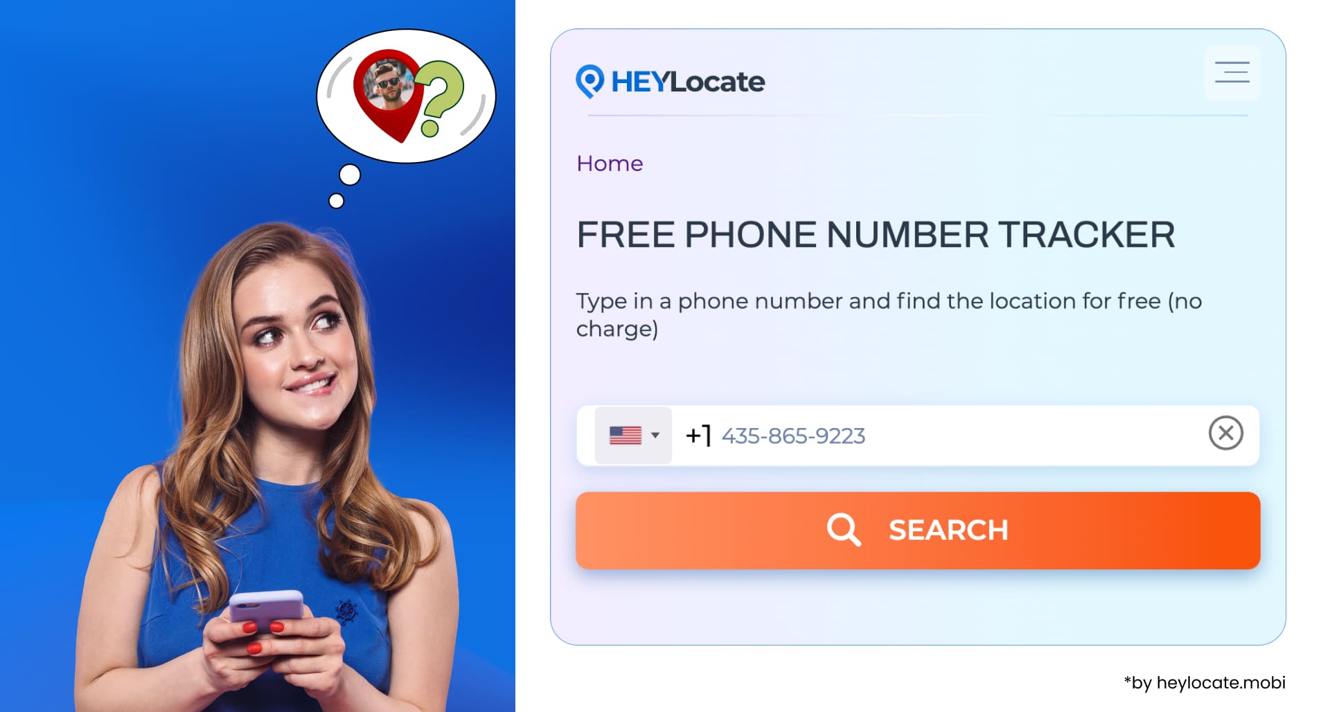 Search location by phone number, Heylocate Free Phone Number Tracker interface, showing number entry and search button.
