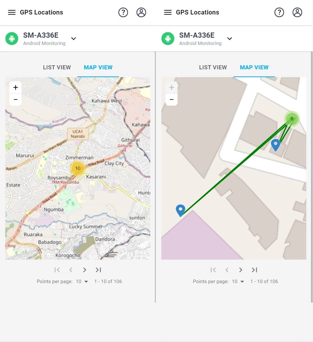 Display the location on the map and move between points.
