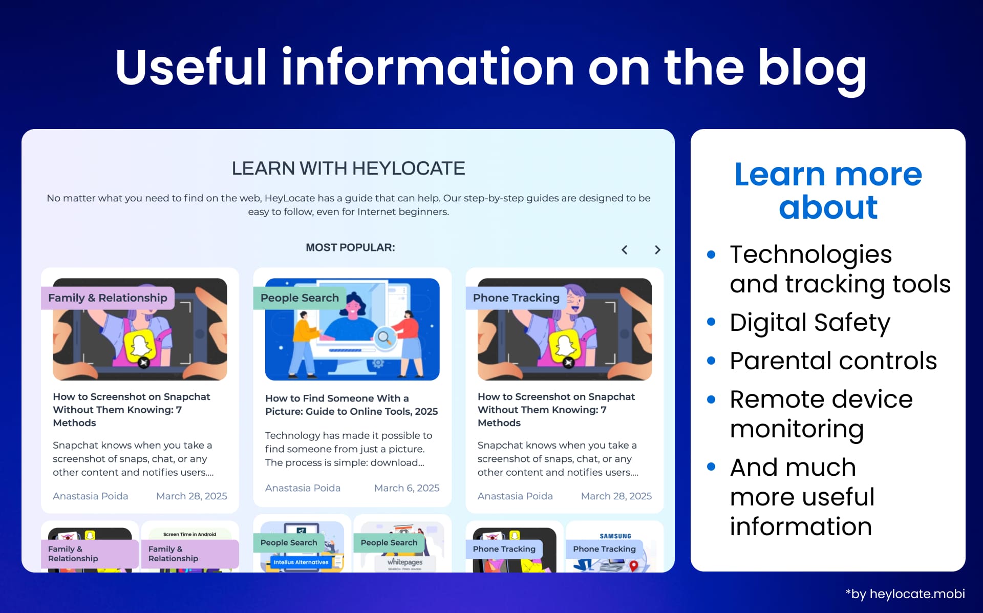 A blog section from HeyLocate displaying popular articles on family safety, people search, and phone tracking, alongside a list of key topics like digital safety and parental controls.