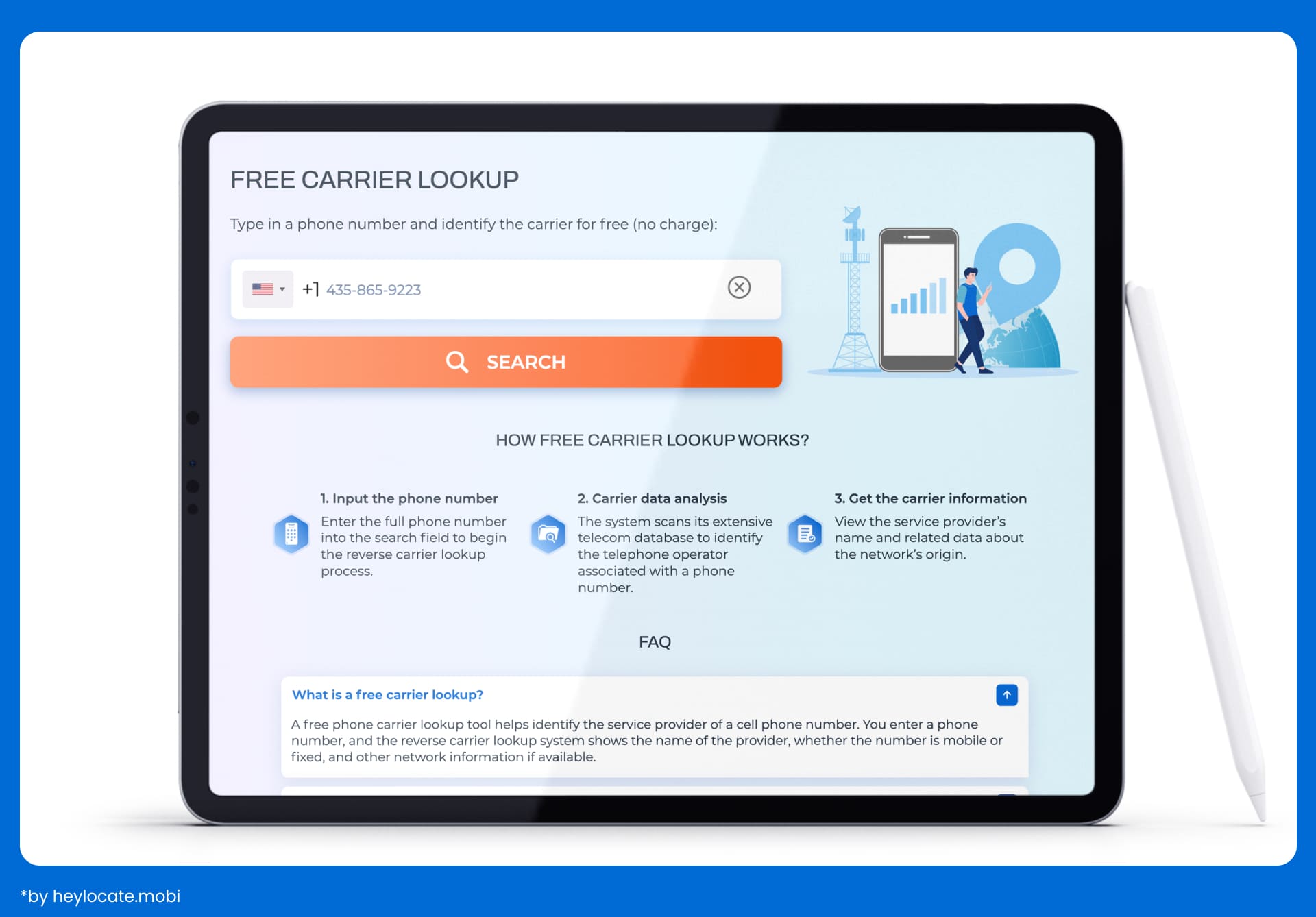 Heylocate interface for free operator search by phone number, and a step-by-step guide explaining how the reverse lookup system works.