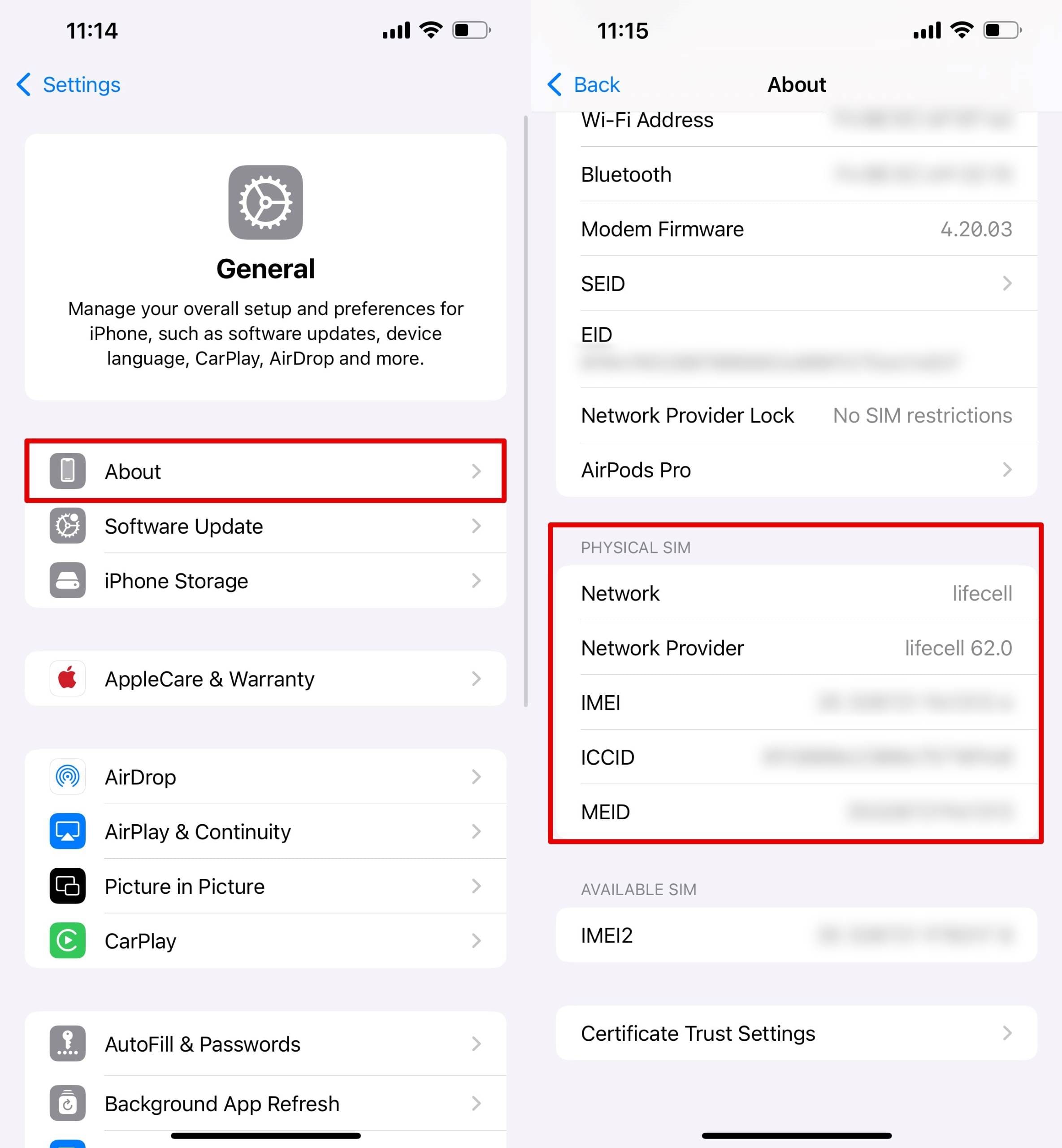 Go to the general settings of the iPhone - About - PHYSICAL SIM block.